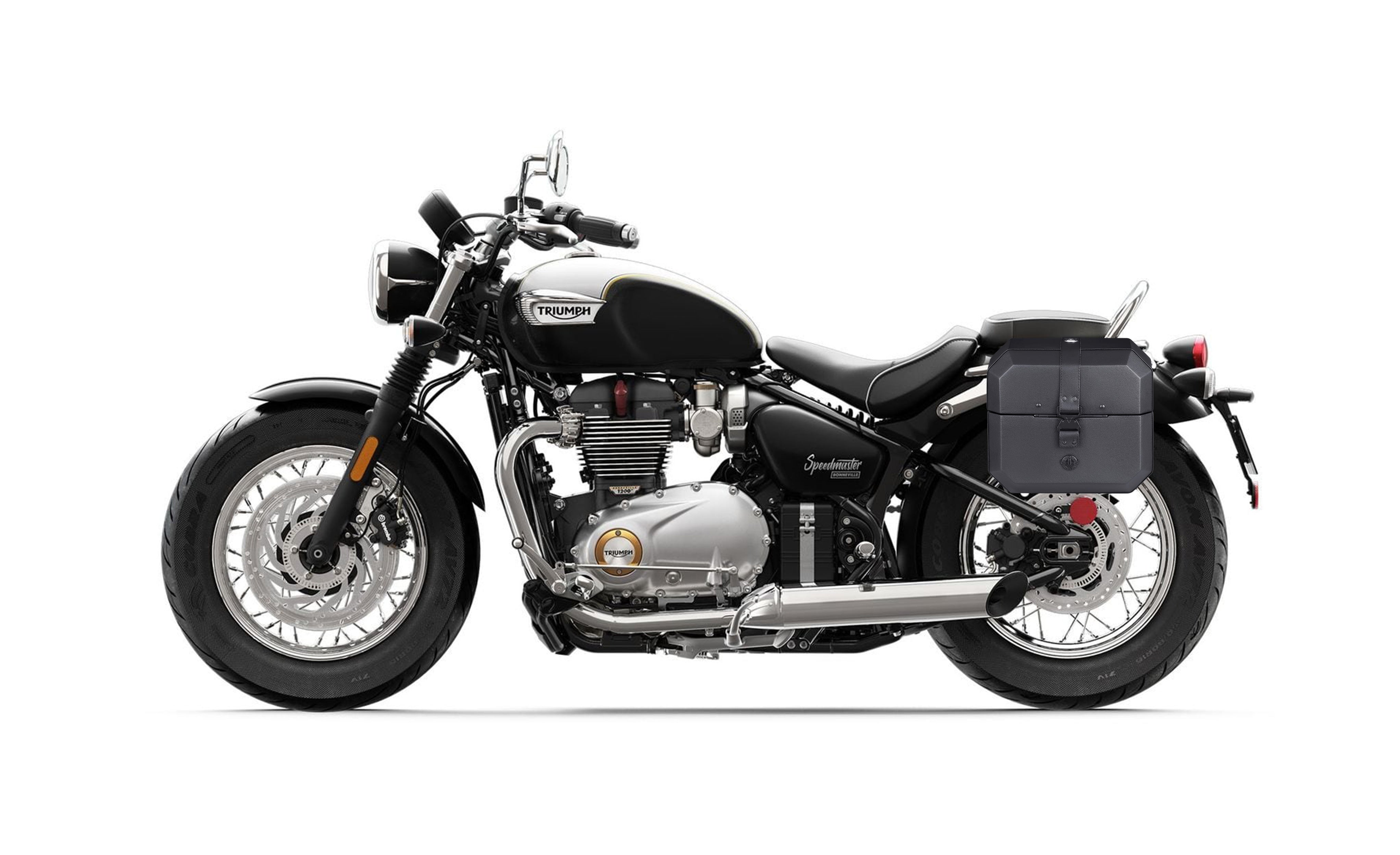20L - Outlaw Quick-Mount Small Triumph Bonneville Speedmaster Leather Wrapped Hard Saddlebags Bag on Bike @expand