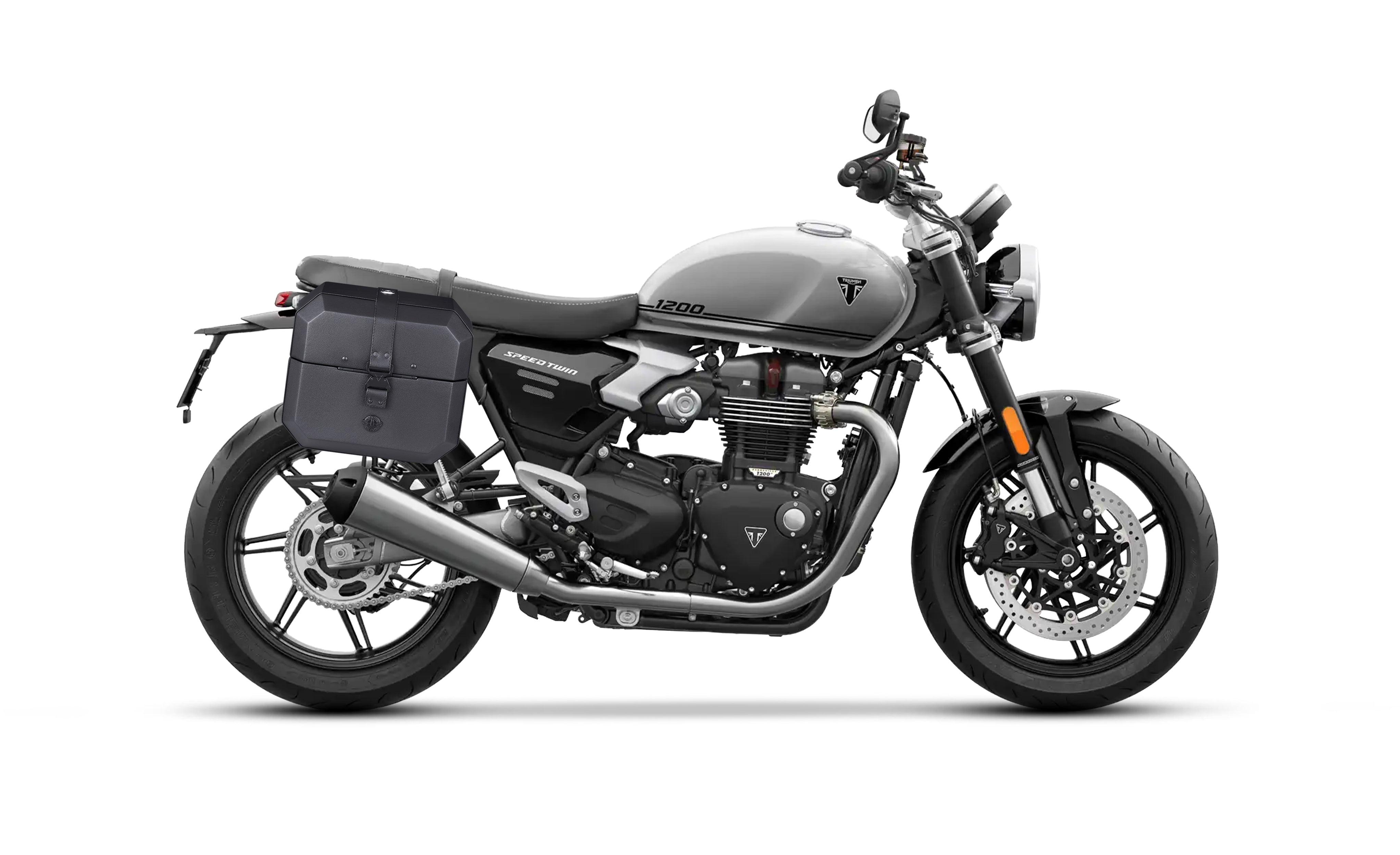 20L - Outlaw Quick-Mount Small Triumph Speed Twin 1200 Leather Wrapped Hard Saddlebags Bag on Bike @expand