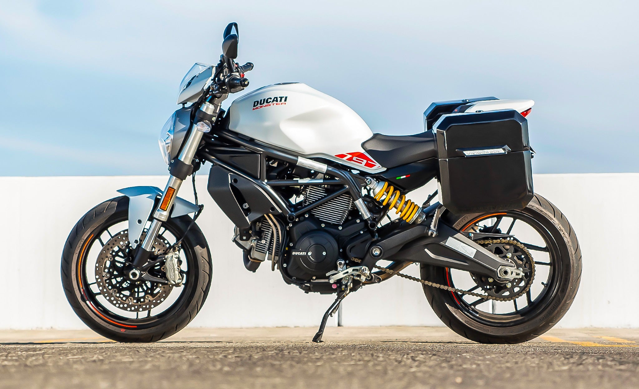 30L - Outlaw Quick Mount Medium Ducati Monster 797 Painted Hard Saddlebags Life Style Photo @expand