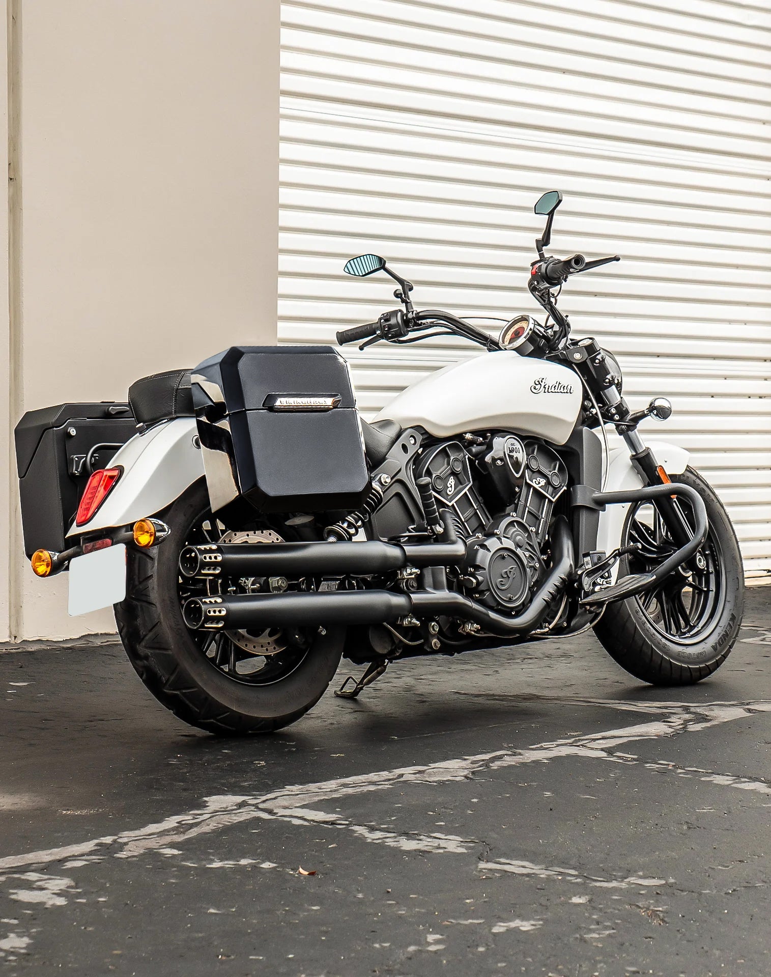 30L - Outlaw Quick Mount Medium Indian Scout Sixty Painted Hard Saddlebags Life style 1