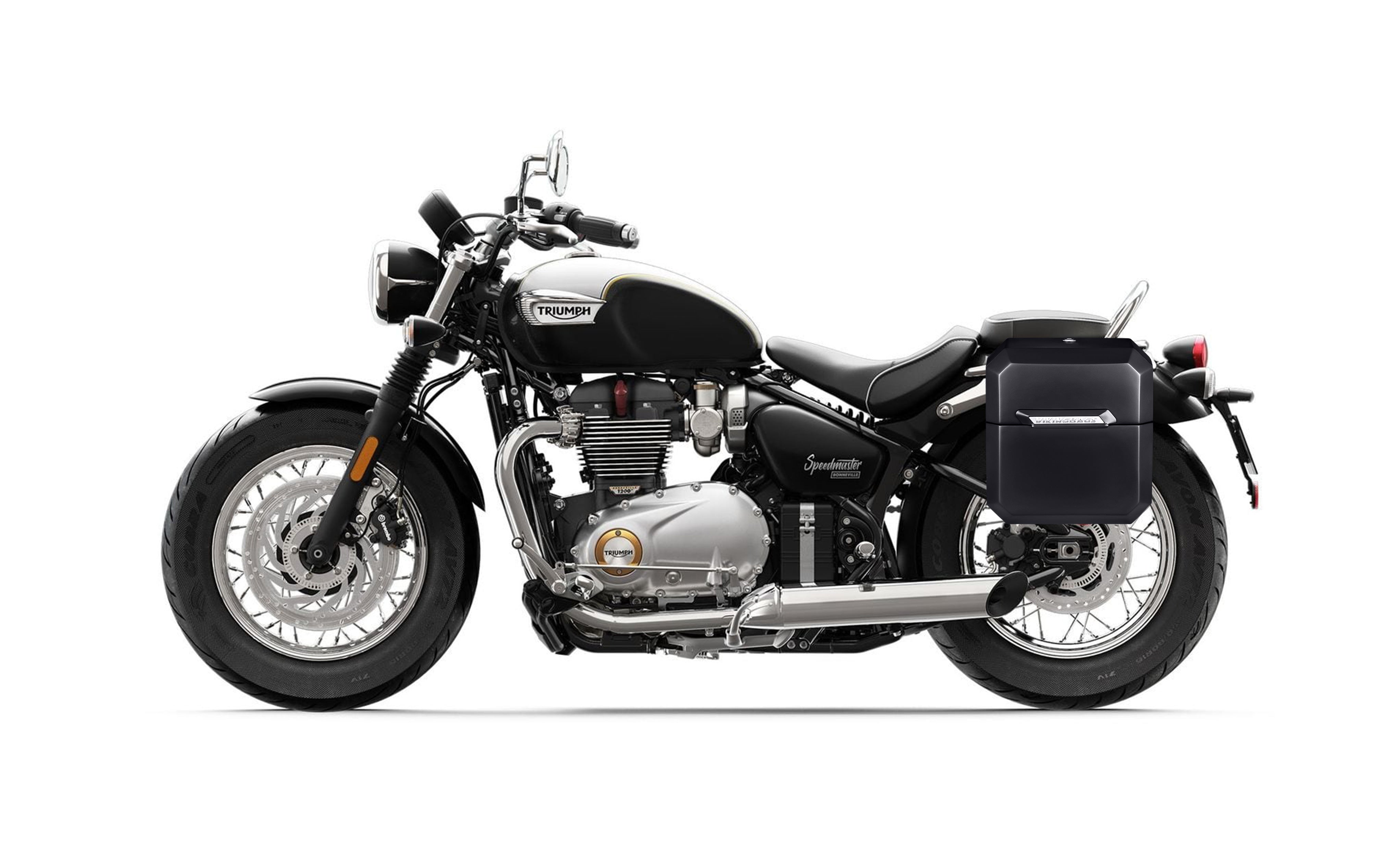 30L - Outlaw Quick Mount Medium Triumph Bonneville Speedmaster Painted Hard Saddlebags Bag on Bike @expand