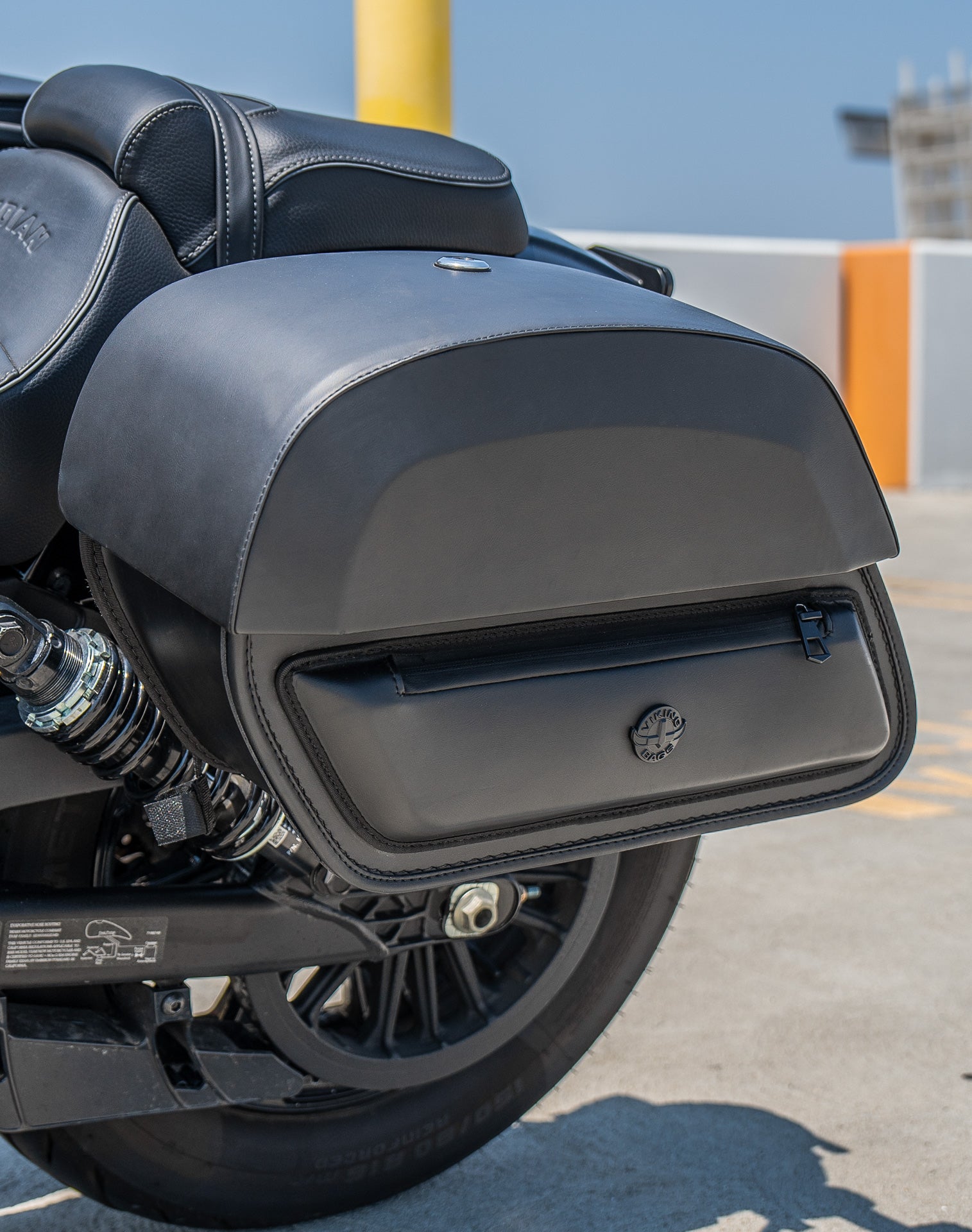 28L - Pantheon Quick-Mount Medium Indian Scout Bobber Motorcycle Saddlebags Life Style 3