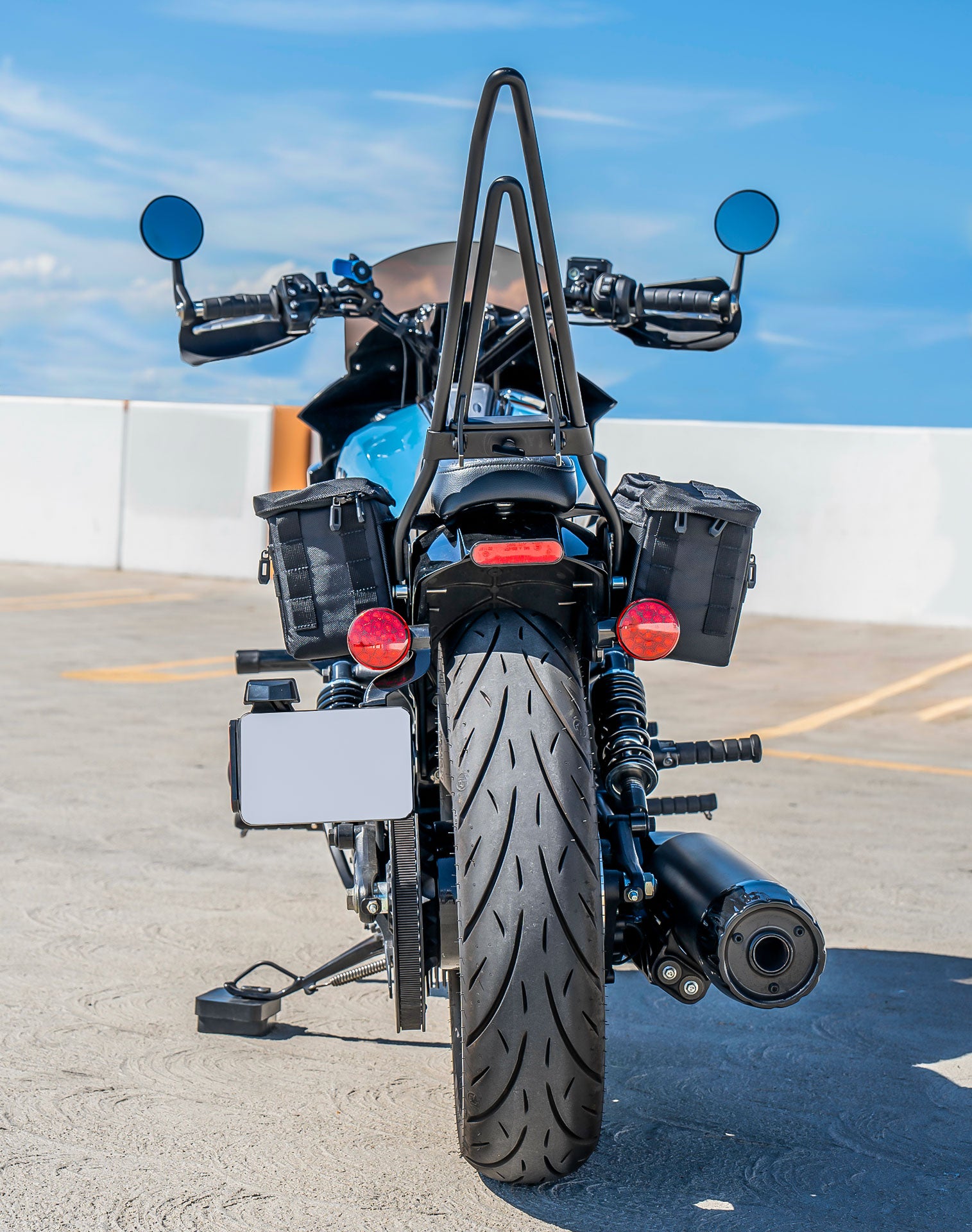 8L - Patriot Small 2025+ Indian Scout Sixty Bobber Throw Over Saddlebags Lifestyle