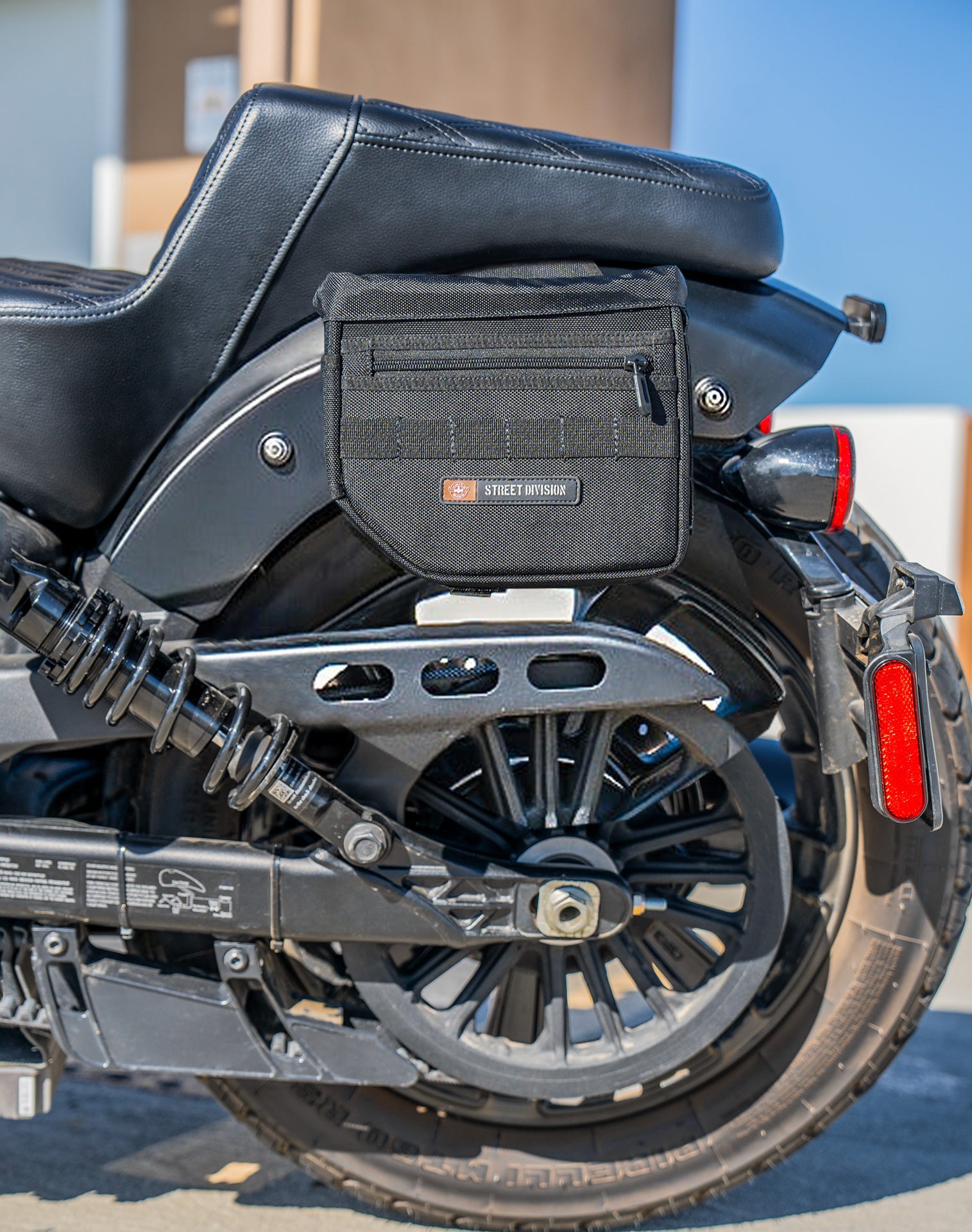 8L - Patriot Small 2025+ Indian Sport Scout Throw Over Saddlebags Vertical Lifestyle 