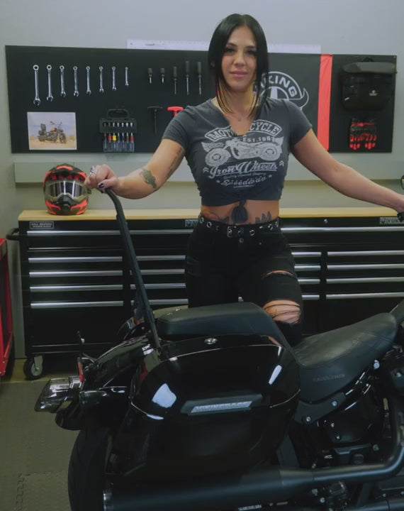 Iron Born Blade 25" Sissy Bar for Wide Seat w/ Foldable Rack for Harley Softail Deadwood Matte Black Video