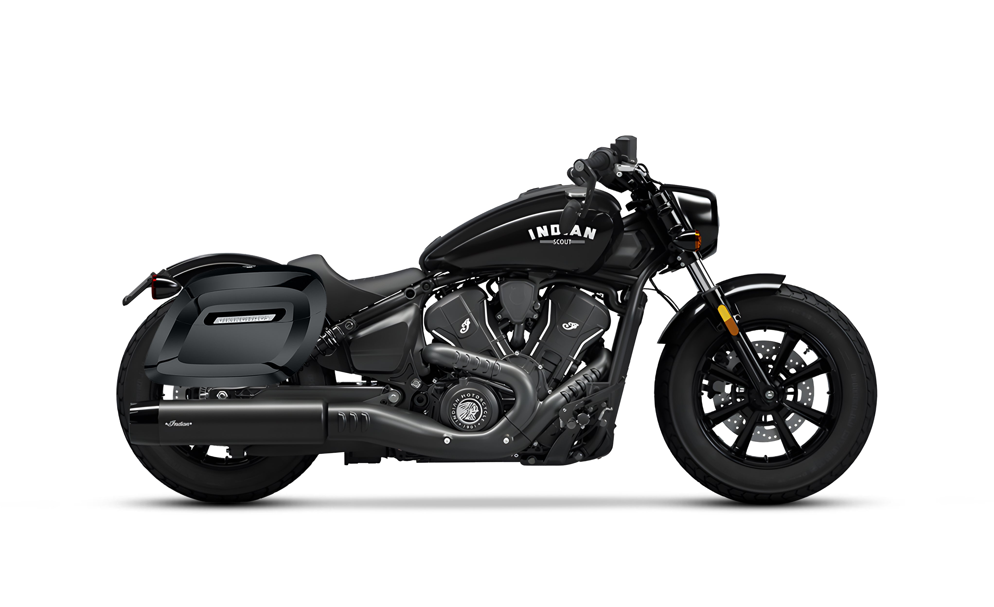 36L - Lamellar Raven XL Shock-Cutout Indian Scout Bobber Painted Hard Saddlebags Bag on Bike @expand