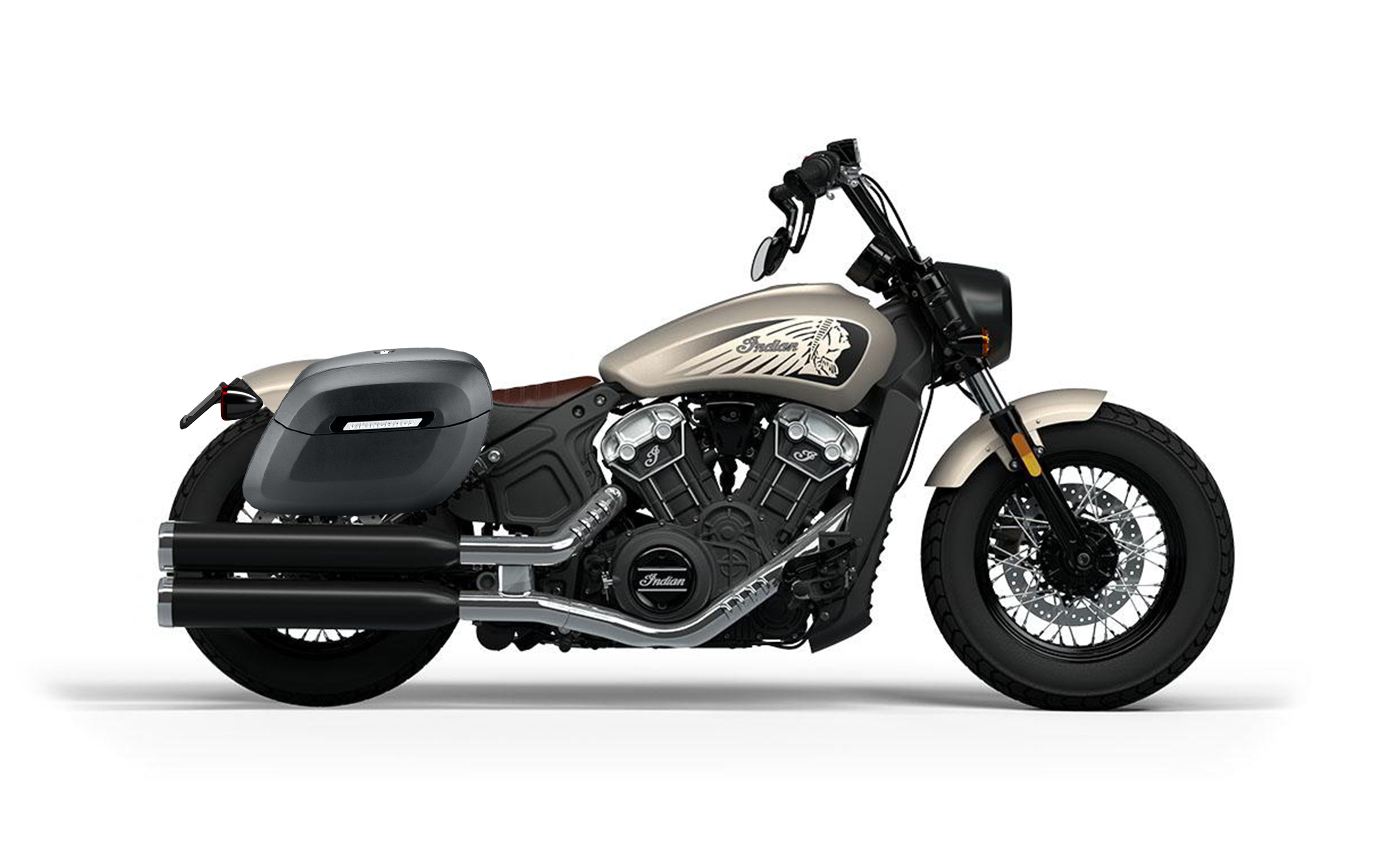 36L - Lamellar Raven XL Shock-Cutout Indian Scout Bobber Twenty Matte Hard Saddlebags Bag on Bike @expand