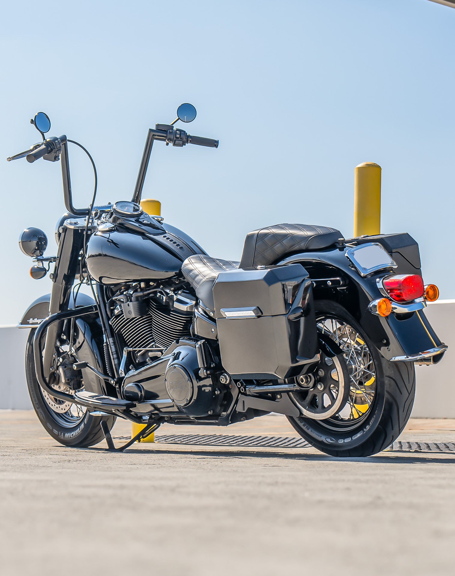 15L - Outlaw Quick Mount Medium Harley Softail Heritage FLHC/S Painted Hard Solo Saddlebag (Left Only) Lifestyle