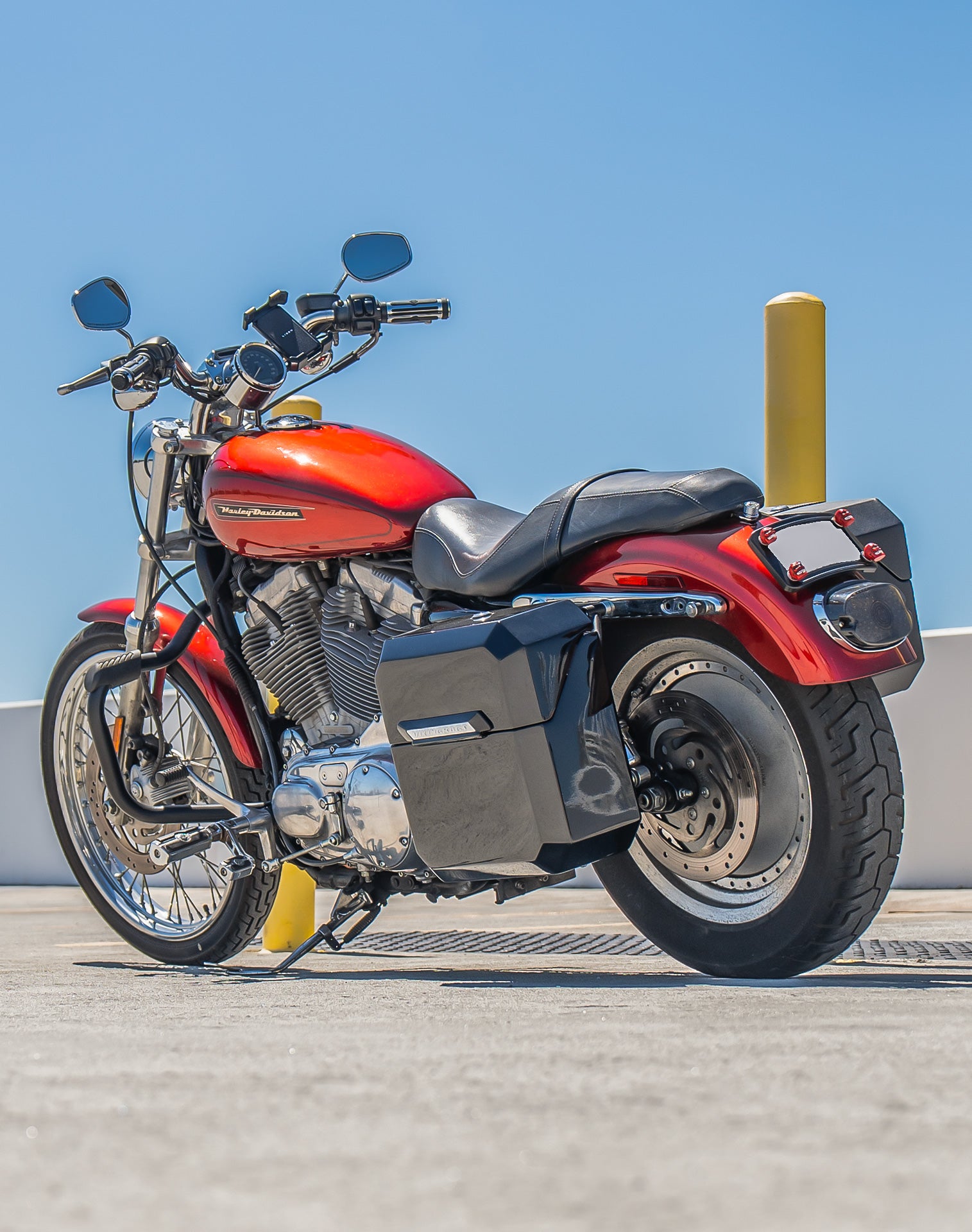 15L - Outlaw Quick Mount Medium Harley Sportster 883 Custom XL883C Painted Hard Solo Saddlebag (Left Only) Lifestyle