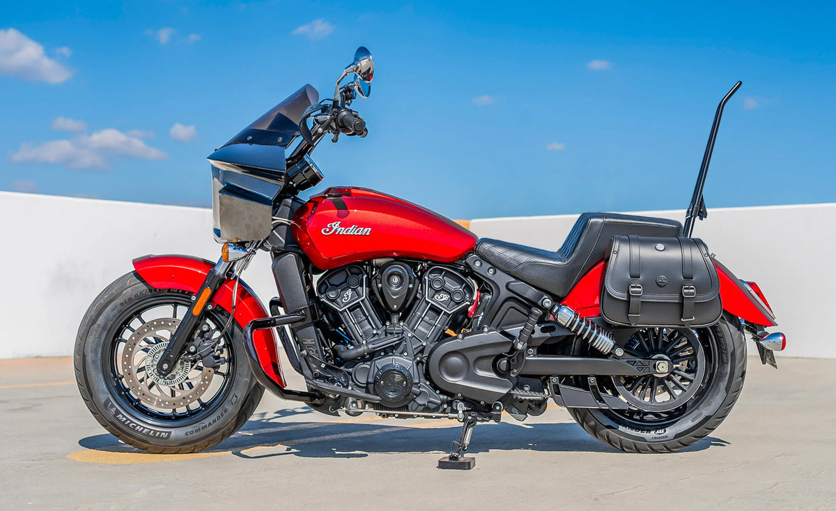 25L - SpiritBlade Medium 2025+ Indian Scout Classic Leather Motorcycle Saddlebags Lifestyle @expand