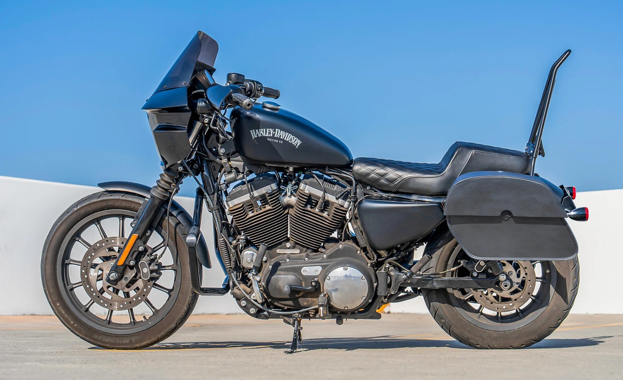 32L - Panzer Large Hard Mount Shock Cutout Saddlebags for Harley Sportster 883 Iron XL883N Lifestyle @expand