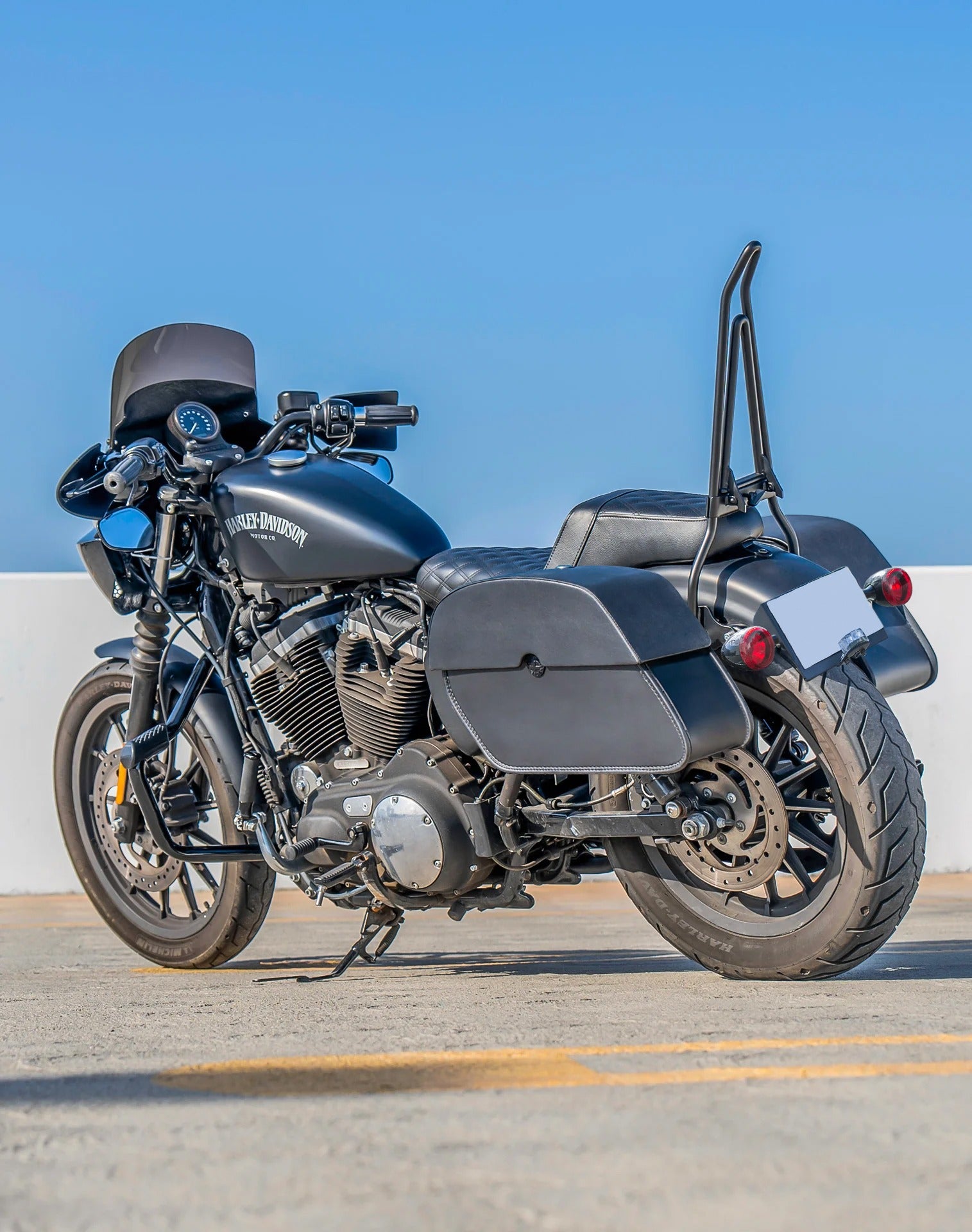 32L - Panzer Large Hard Mount Shock Cutout Saddlebags for Harley Sportster 883 Iron XL883N Lifestyle