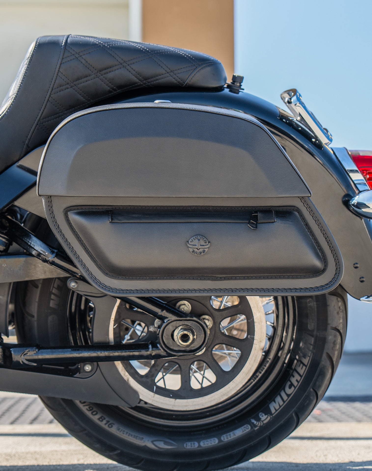 28L - Pantheon Medium Quick Mount Motorcycle Saddlebags For Harley Softail Heritage FLHC/S Lifestyle