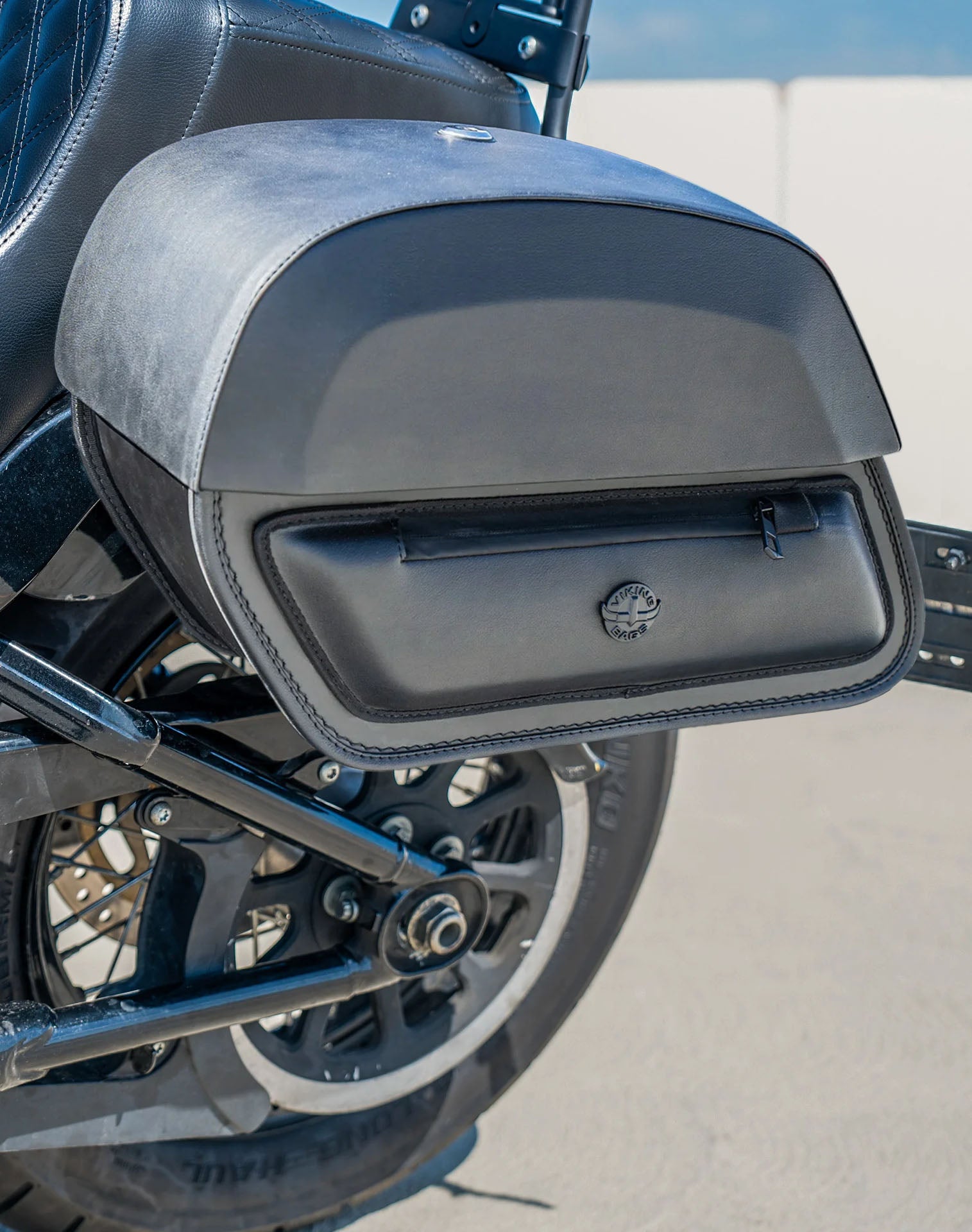 28L - Pantheon Medium Quick Mount Motorcycle Saddlebags For Harley Softail Street Bob FXBB/S Lifestyle