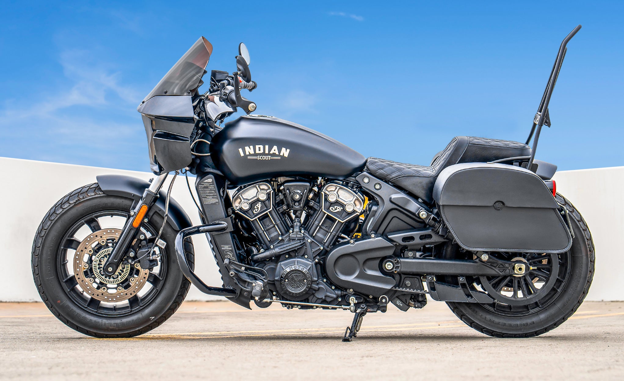 28L - Panzer Medium Quick Mount Indian Scout Bobber Leather Saddlebags Lifestyle @expand