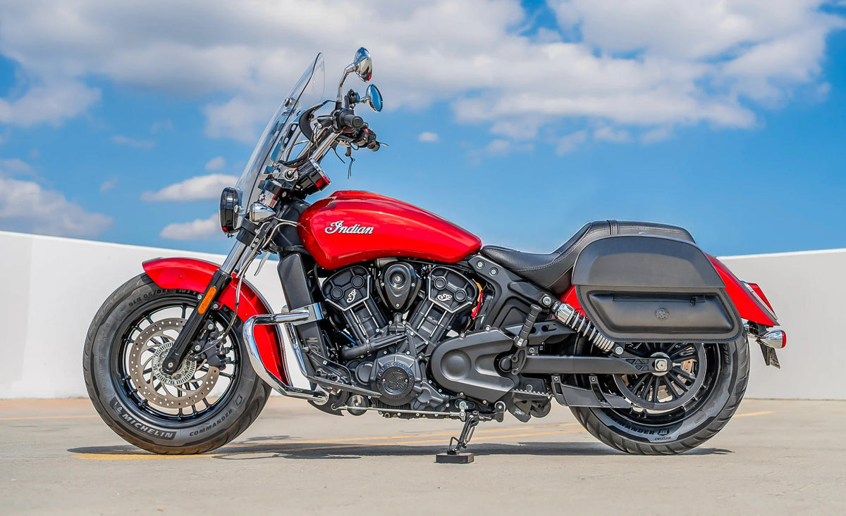 28L - Pantheon Medium Hard Mount Indian Scout Classic 2025+ Leather Motorcycle Saddlebags Lifestyle @expand