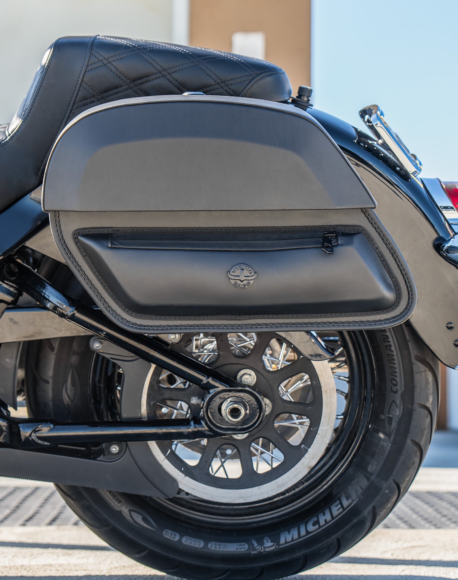 28L - Pantheon Medium Hard Mount Leather Saddlebags for Harley Softail Heritage FLHC/S Lifestyle