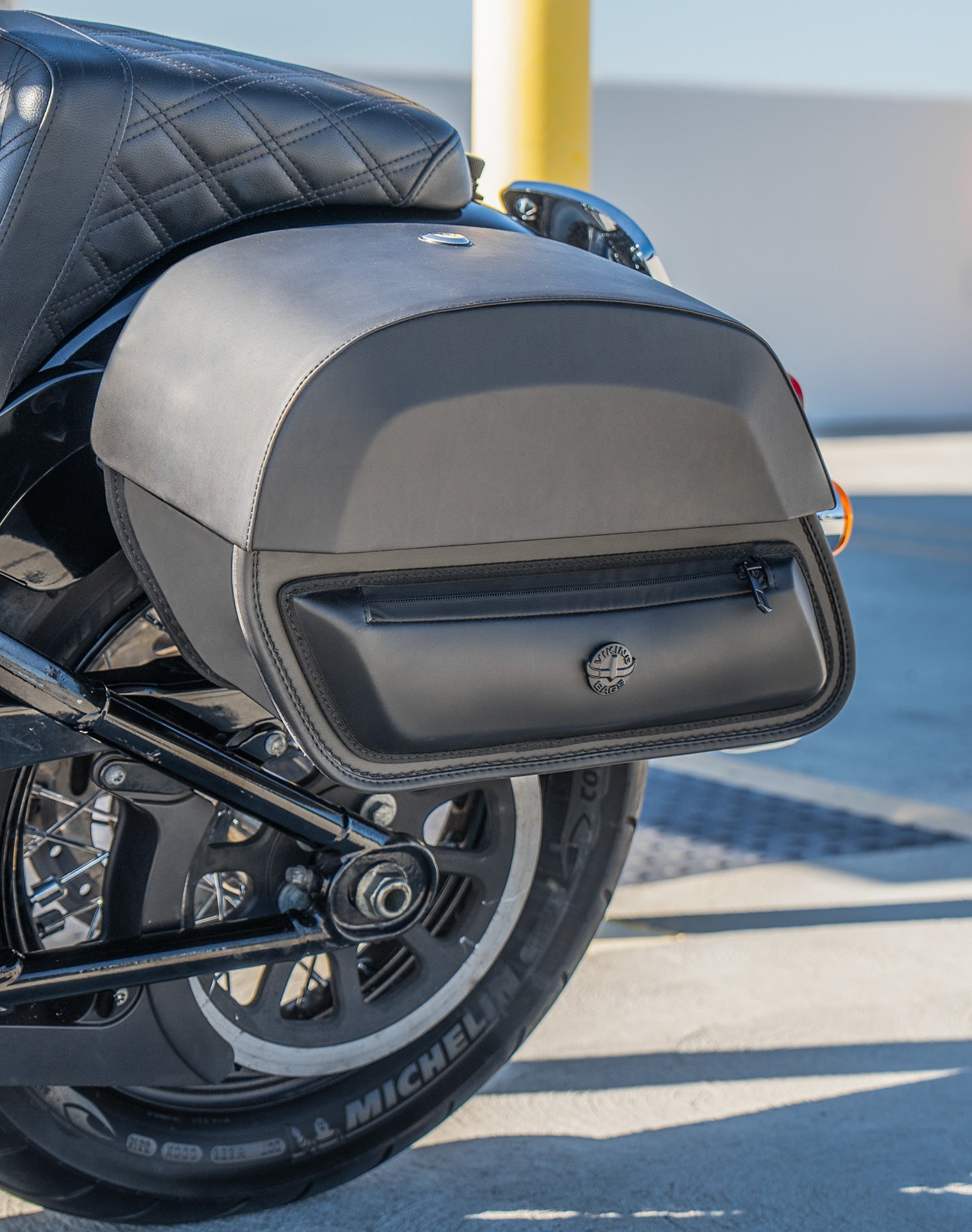 28L - Pantheon Medium Hard Mount Leather Saddlebags for Harley Softail Heritage FLHC/S Lifestyle