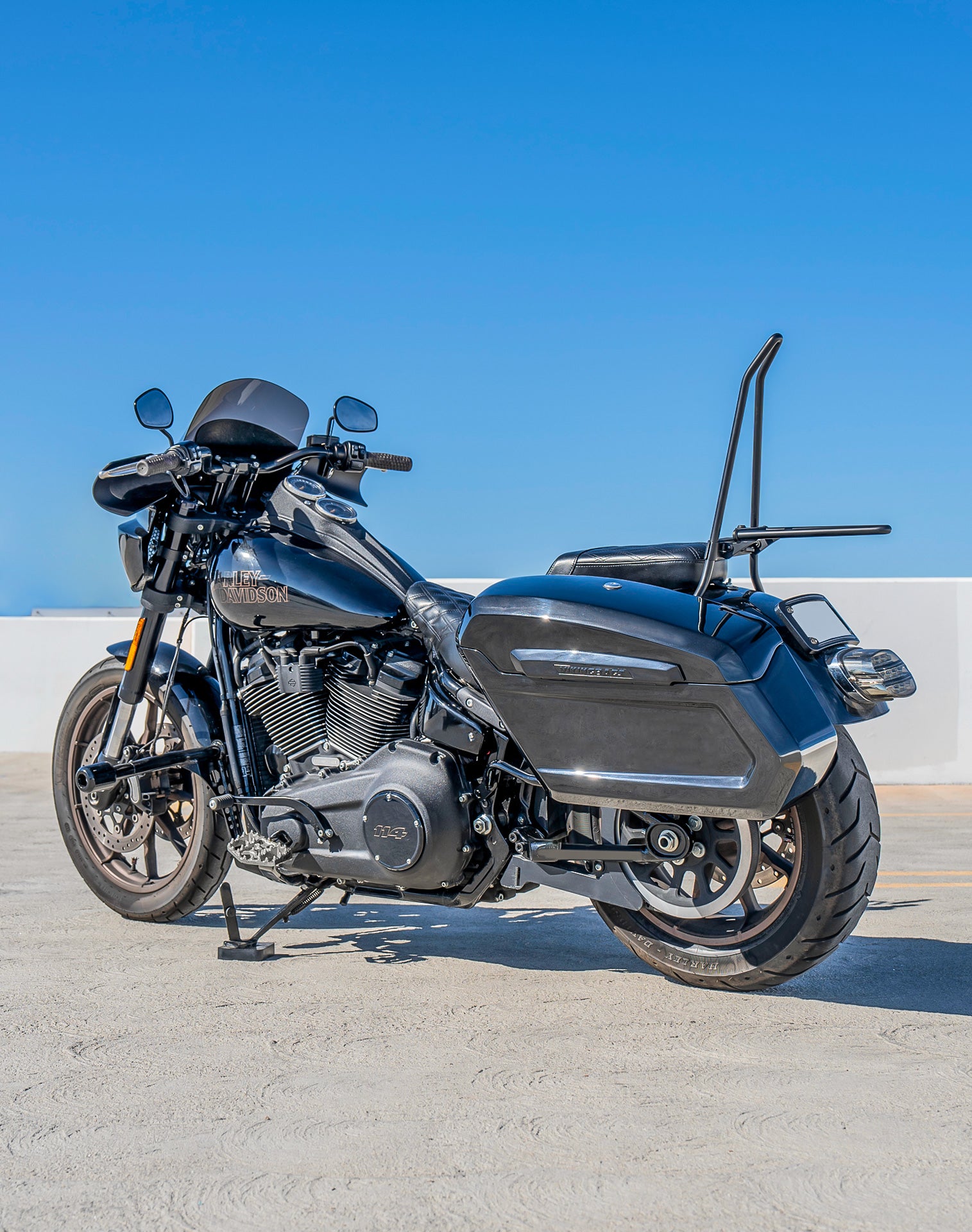 56L - Titan XL Chopped Saddlebags for Harley Softail Low Rider S FXLRS (Aftermarket Exhaust) Lifestyle