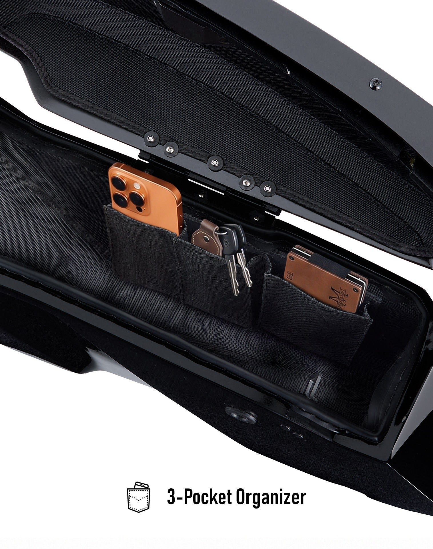 56L - Titan XL Chopped Saddlebags for Harley Softail Low Rider ST FXLRST (Aftermarket Exhaust) 3-Pocket Organizer