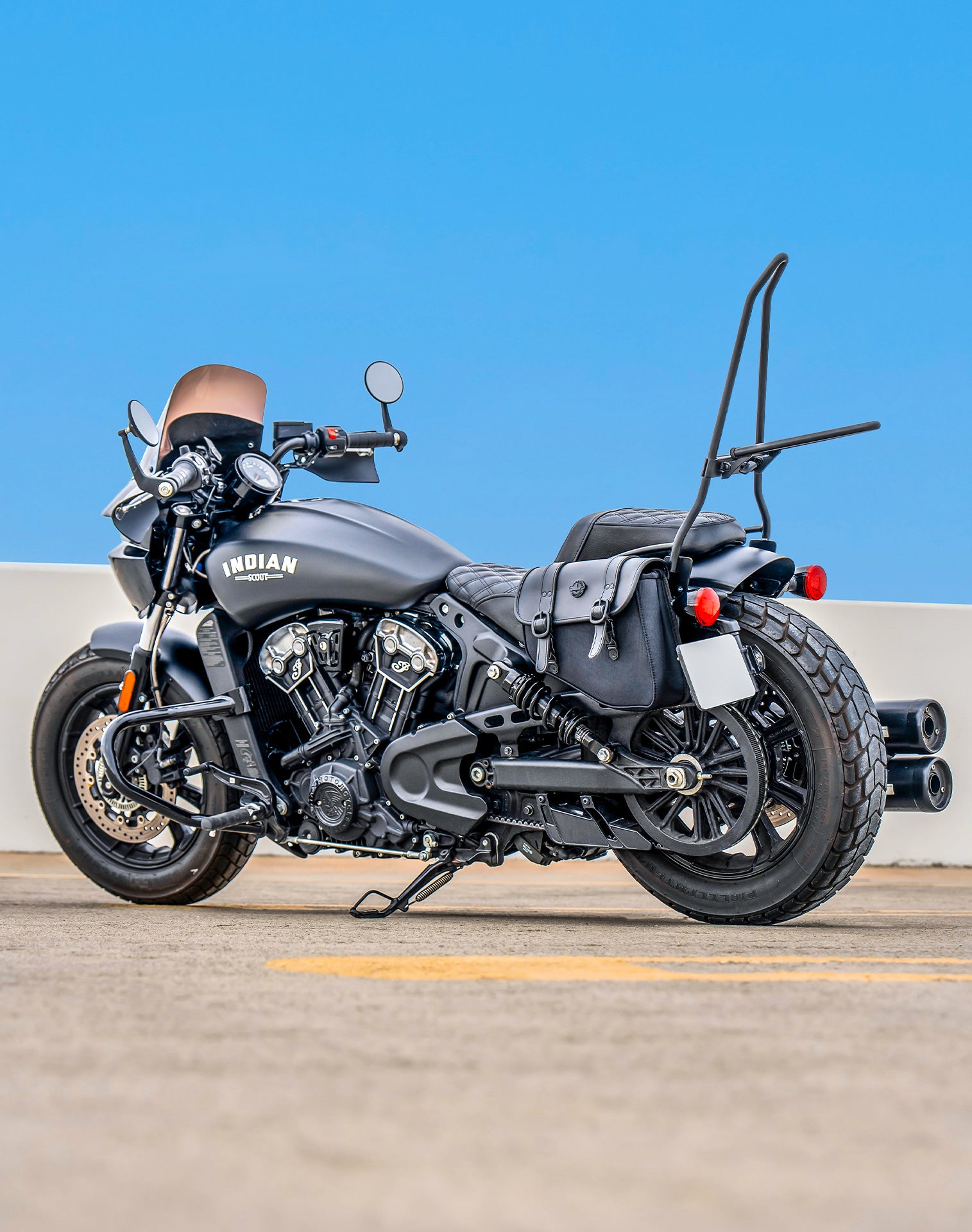 8L - Pony Indian Scout Bobber Twenty Leather Saddlebags Vertical Lifestyle