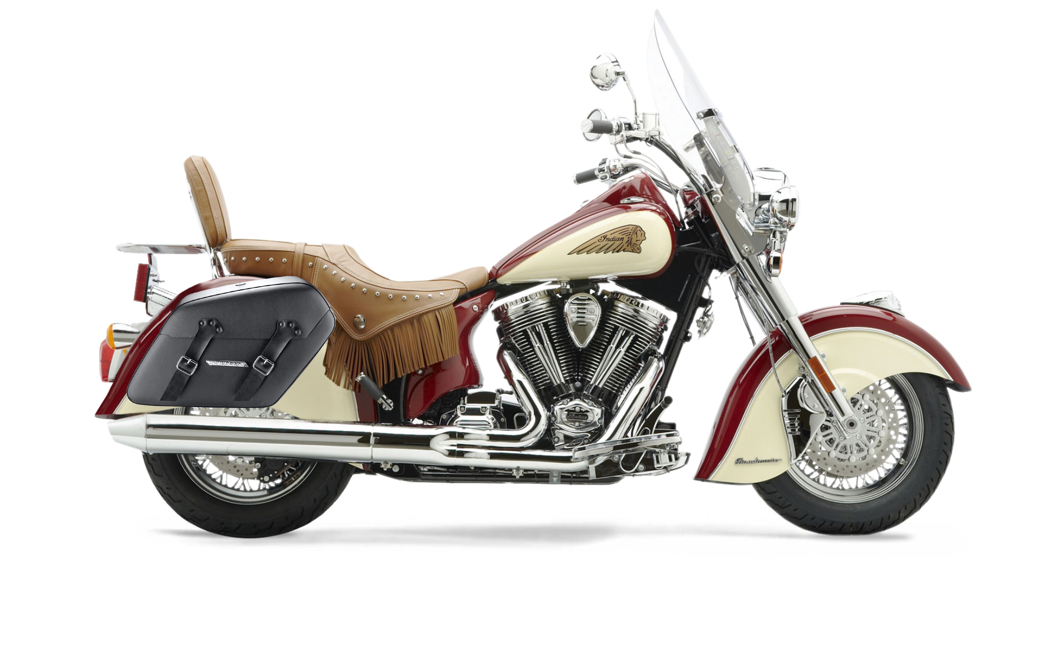 42L - Baldur Extra Large Indian Chief Roadmaster Leather Wrapped Motorcycle Hard Saddlebags Bag on Bike @expand