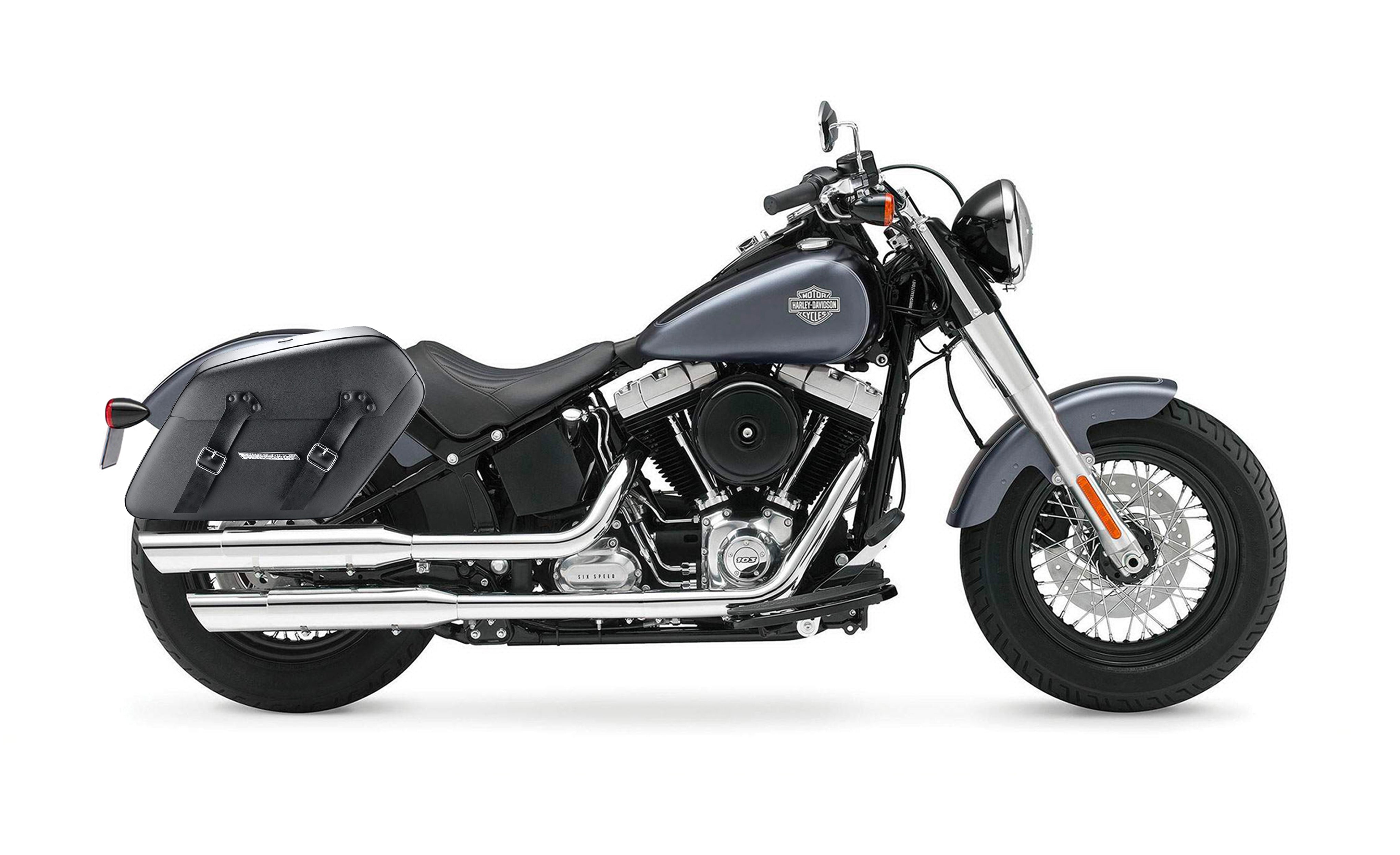 42L - Baldur XL Leather Wrapped Hard Saddlebags for Harley Softail Slim FLS Bag on Bike @expand