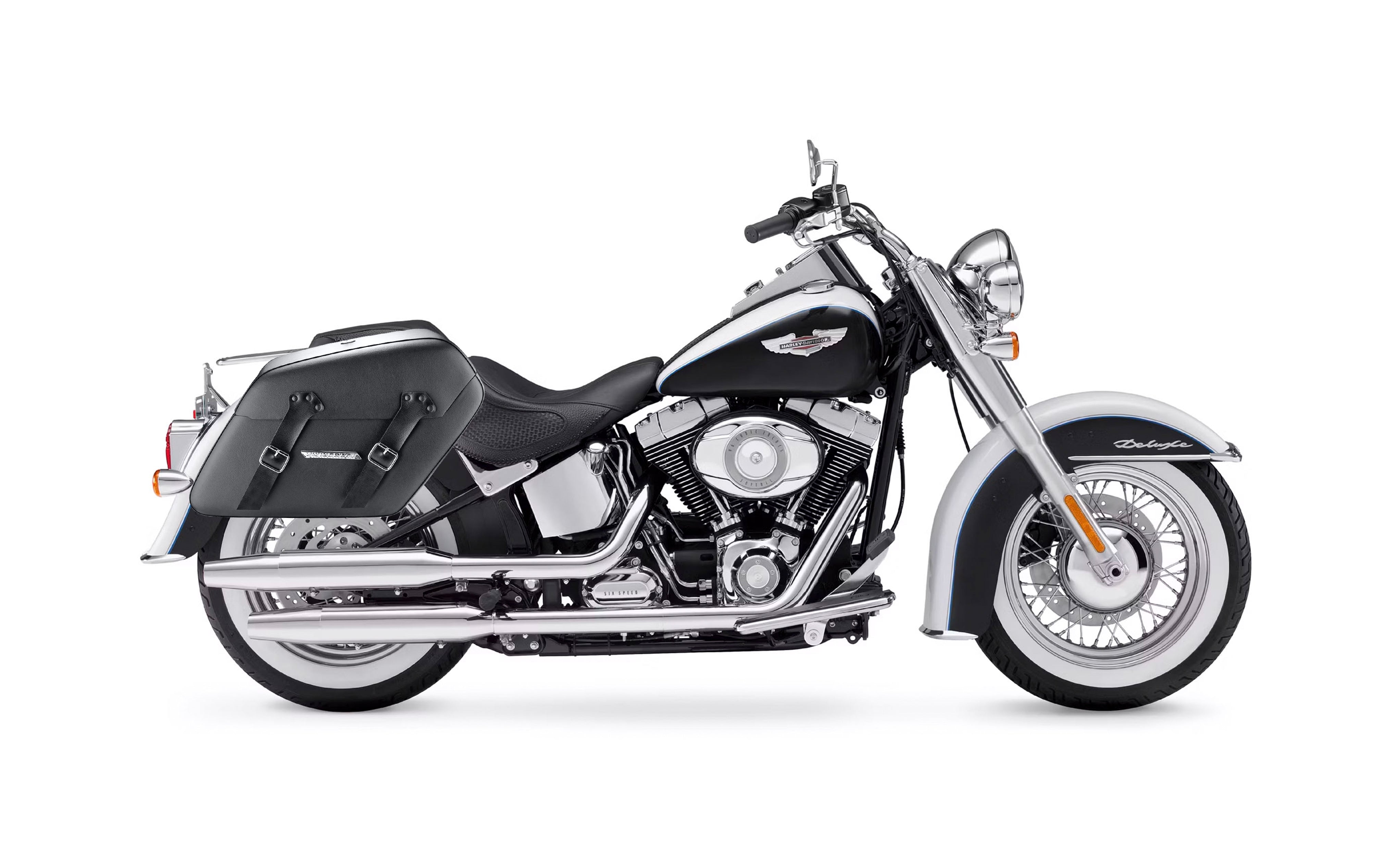 42L - Baldur Extra Large Leather Wrapped Motorcycle Hard Saddlebags for Harley Softail Deluxe FLSTN/I Bag on Bike @expand