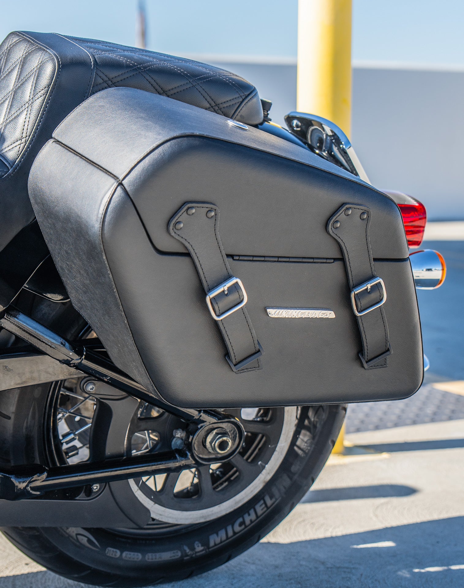 42L - Baldur Extra Large Leather Wrapped Motorcycle Hard Saddlebags for Harley Softail Heritage FLHC/S Lifestyle