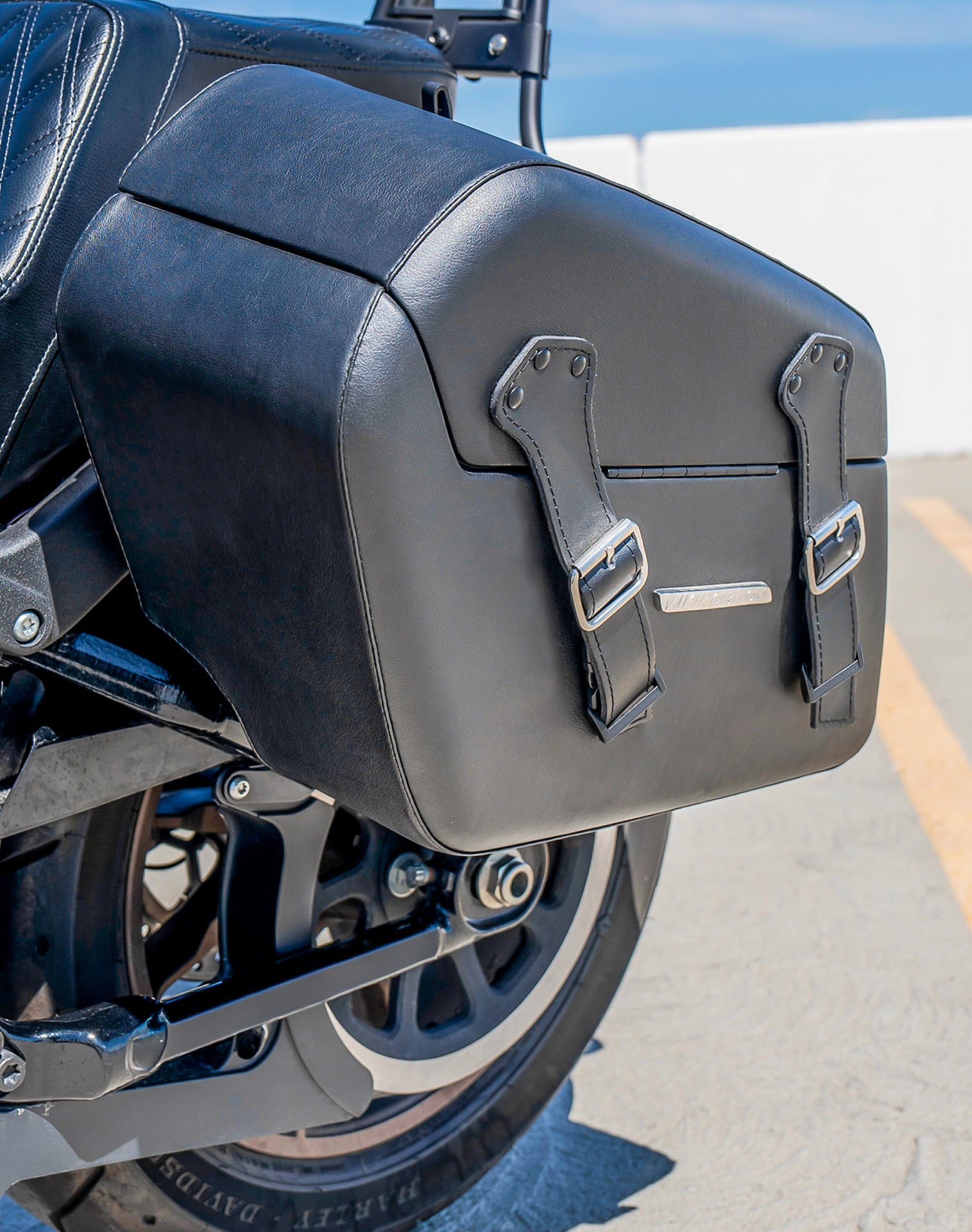 42L - Baldur Extra Large Leather Wrapped Motorcycle Hard Saddlebags for Harley Softail Low Rider S FXLRS Lifestyle