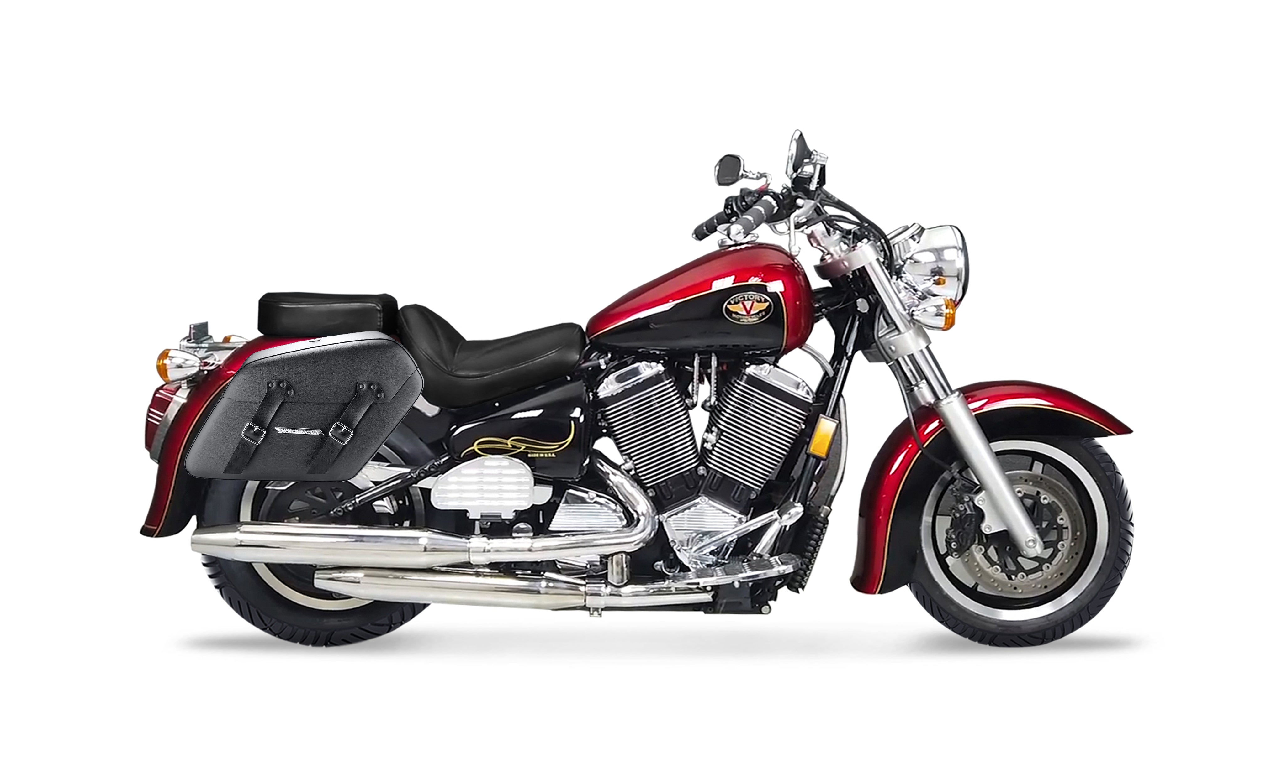 42L - Baldur Extra Large Victory V92C Leather Wrapped Motorcycle Hard Saddlebags Bag on Bike @expand