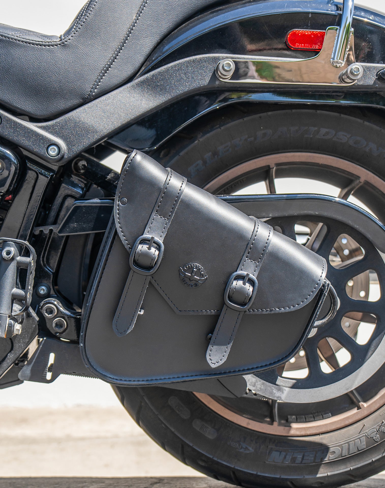 Viking Dark Age Plain Black Leather Motorcycle Solo Bag For Harley