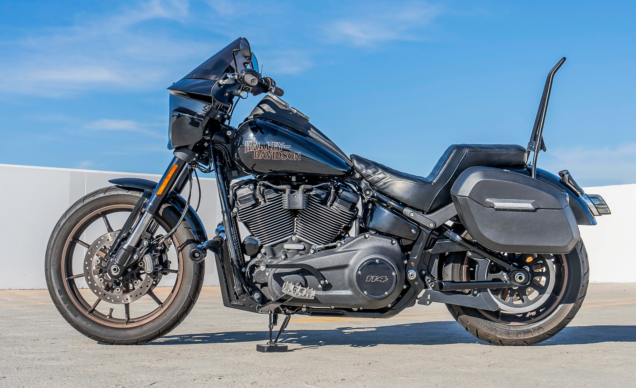 32L - Darkin Large Quick Mount Leather Wrapped Hard Saddlebags for Harley Softail Low Rider S FXLRS Lifestyle @expand