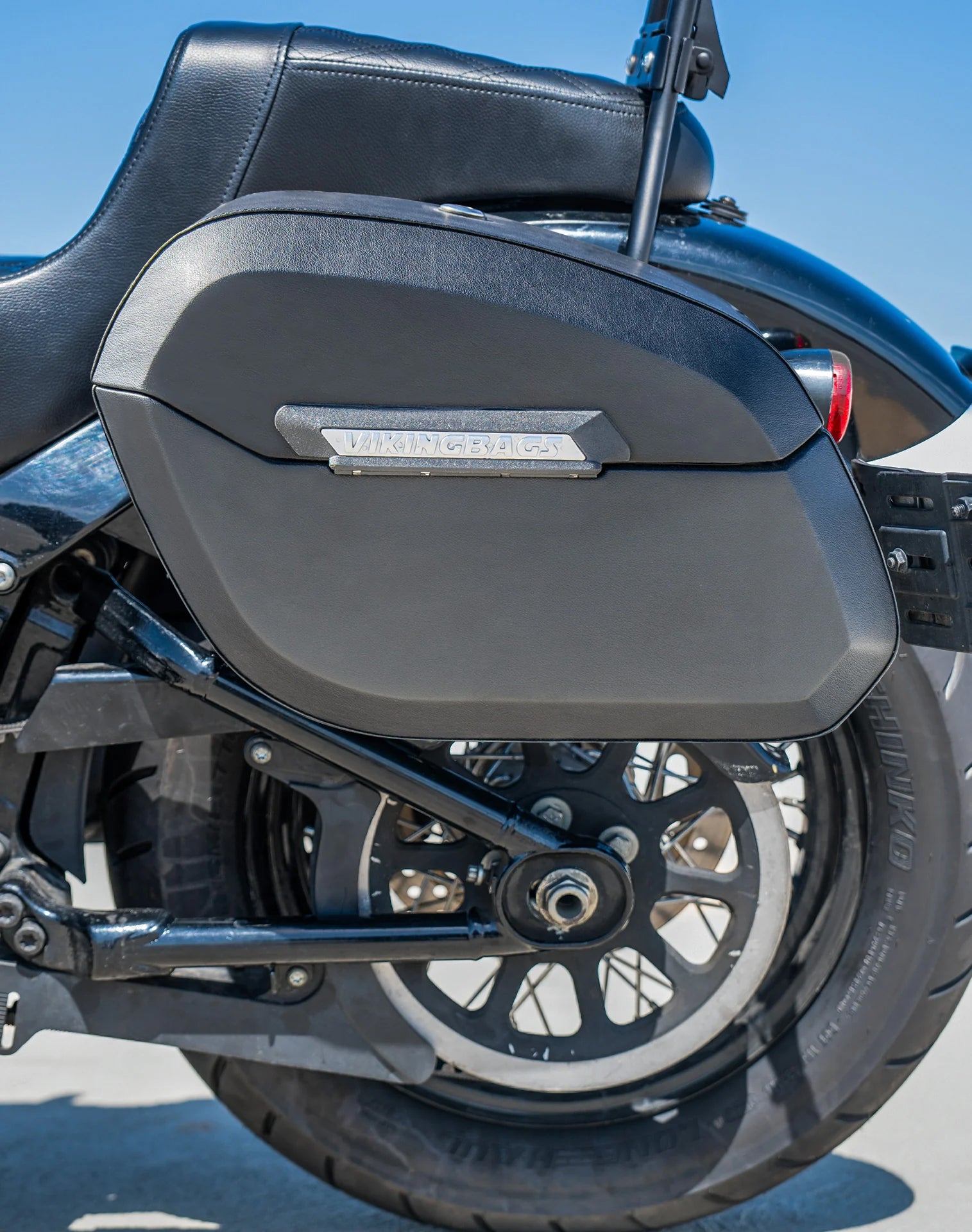 32L - Darkin Large Quick Mount Leather Wrapped Hard Saddlebags for Harley Softail Street Bob FXBB/S Lifestyle