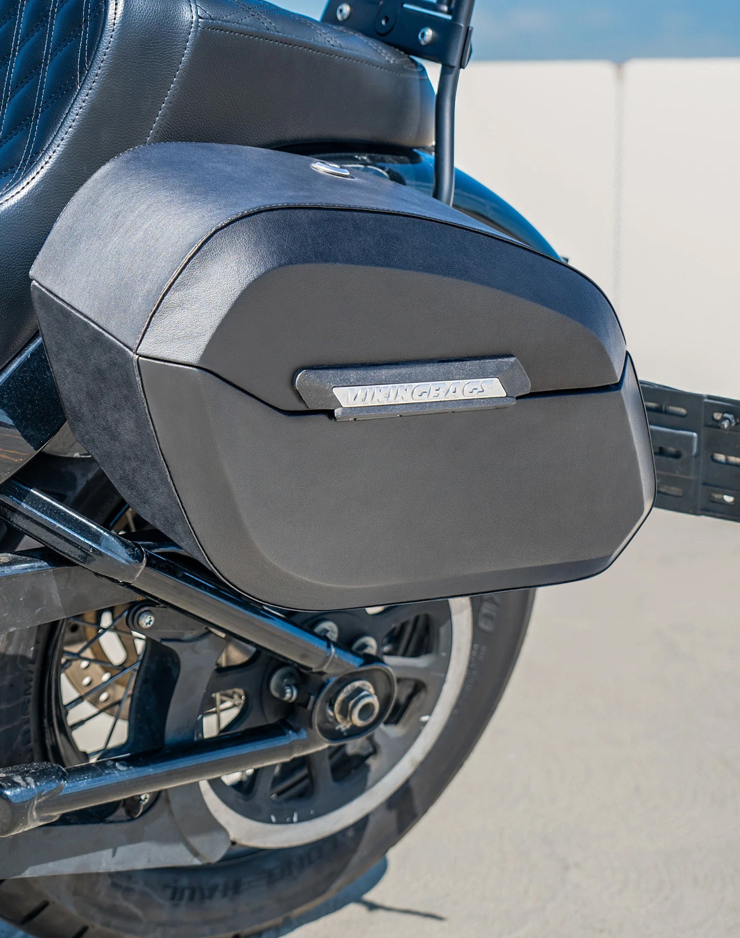 32L - Darkin Large Quick Mount Leather Wrapped Hard Saddlebags for Harley Softail Street Bob FXBB/S Lifestyle