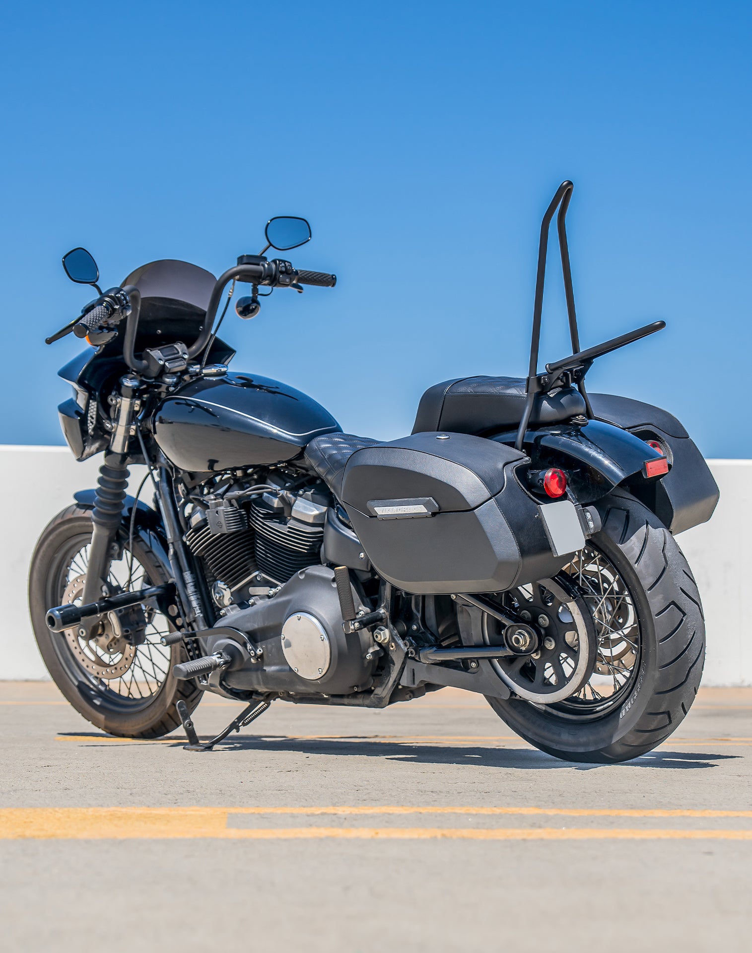 32L - Darkin Large Quick Mount Leather Wrapped Hard Saddlebags for Harley Softail Street Bob FXBB/S Lifestyle
