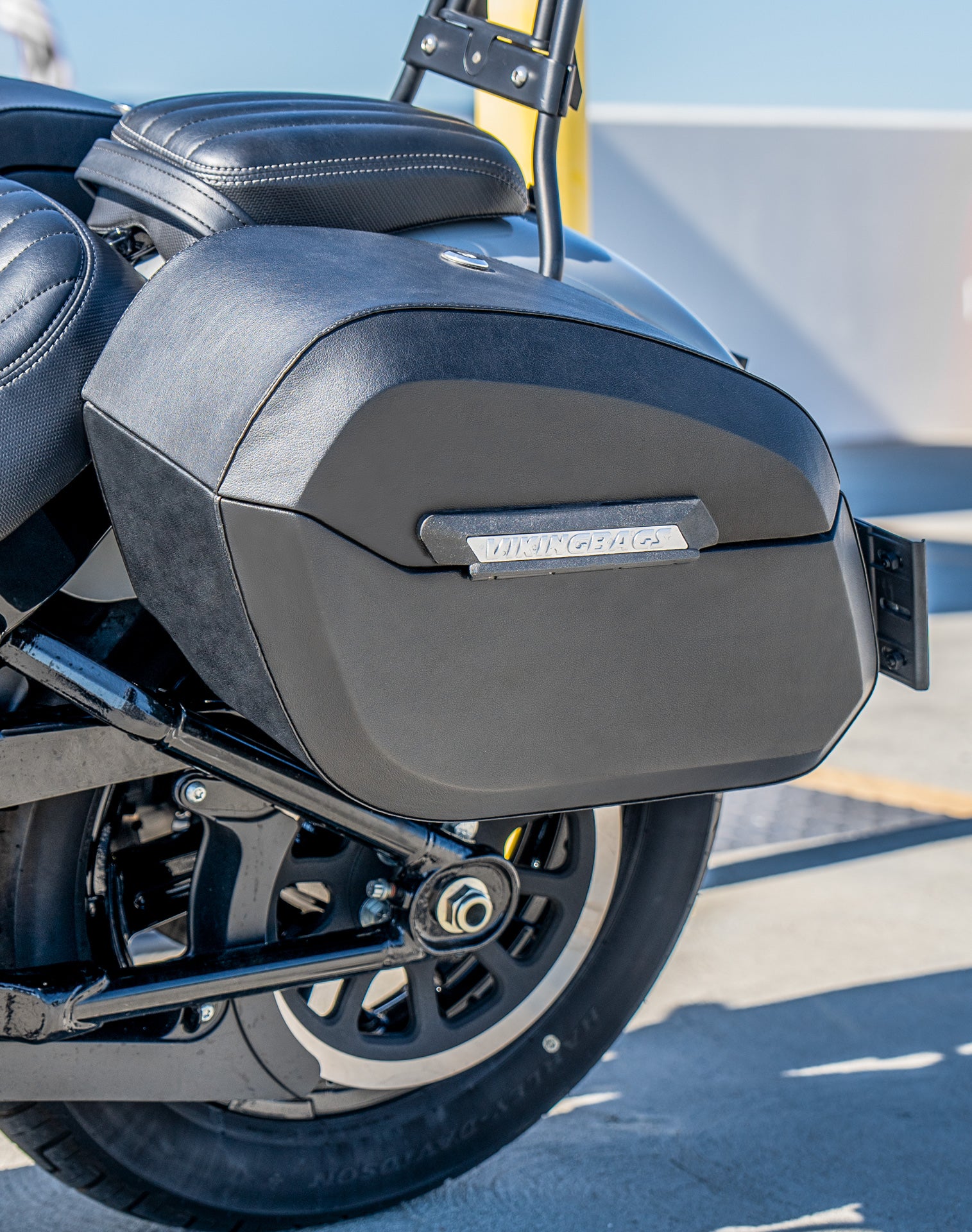 32L - Darkin Large Quick Mount Leather Wrapped Hard Saddlebags for Harley Softail Street Bob FXBB Life Style