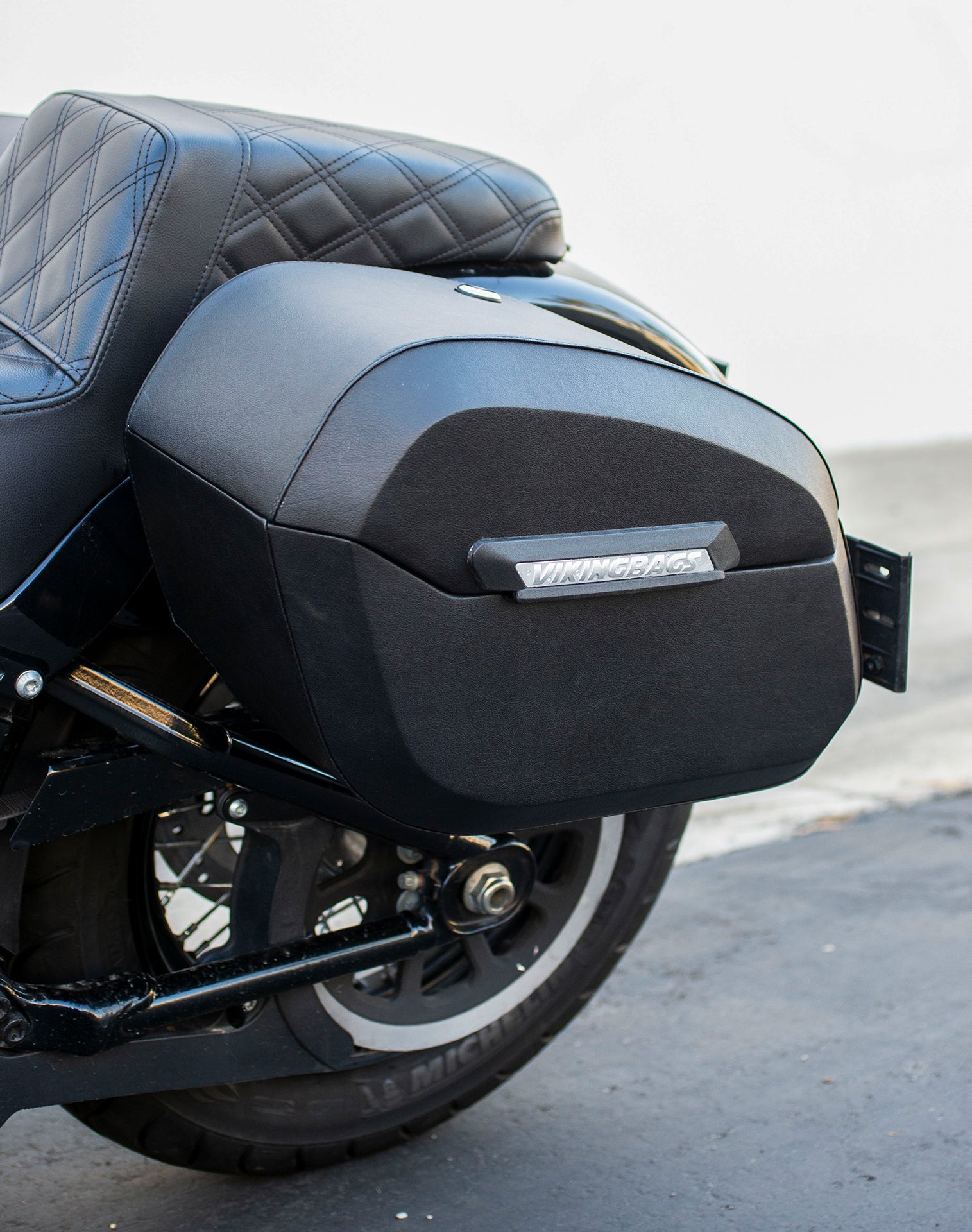 32L - Darkin Large Quick Mount Leather Wrapped Hard Saddlebags for Harley Softail Street Bob FXBB