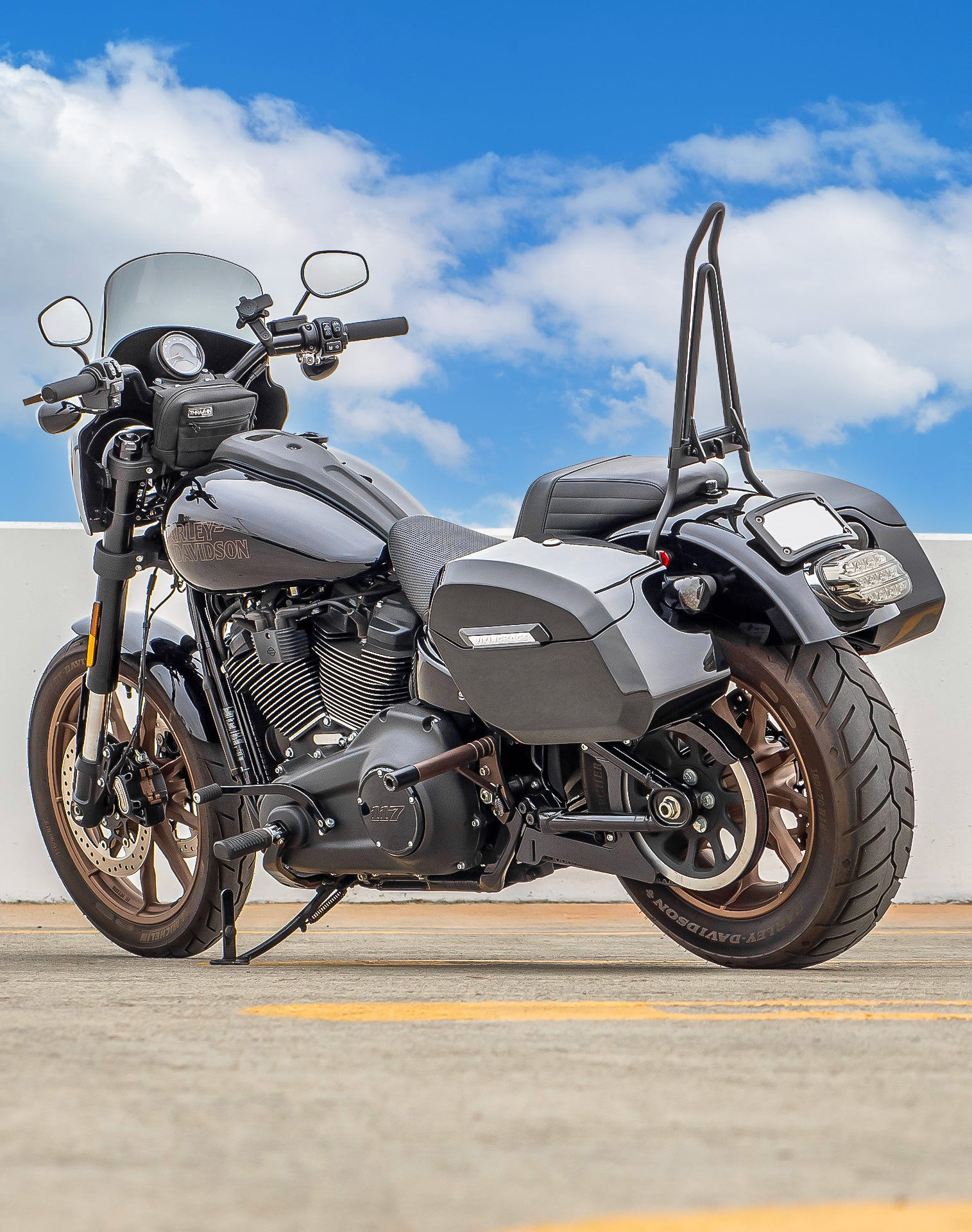 32L - Darkin Large Quick Mount Painted Hard Saddlebags for Harley Softail Low Rider S FXLRS Vertical Lifestyle