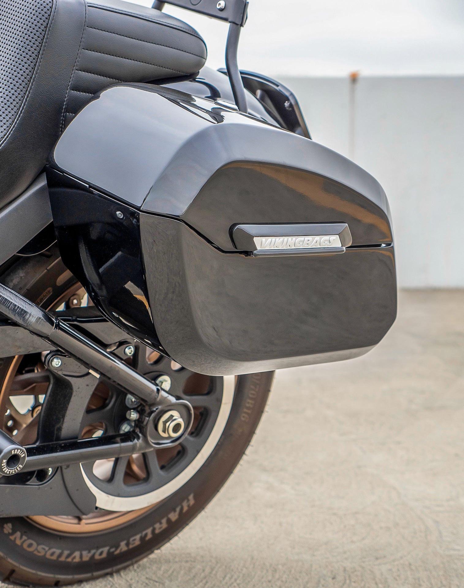 32L - Darkin Large Quick Mount Painted Hard Saddlebags for Harley Softail Low Rider S FXLRS Vertical Lifestyle
