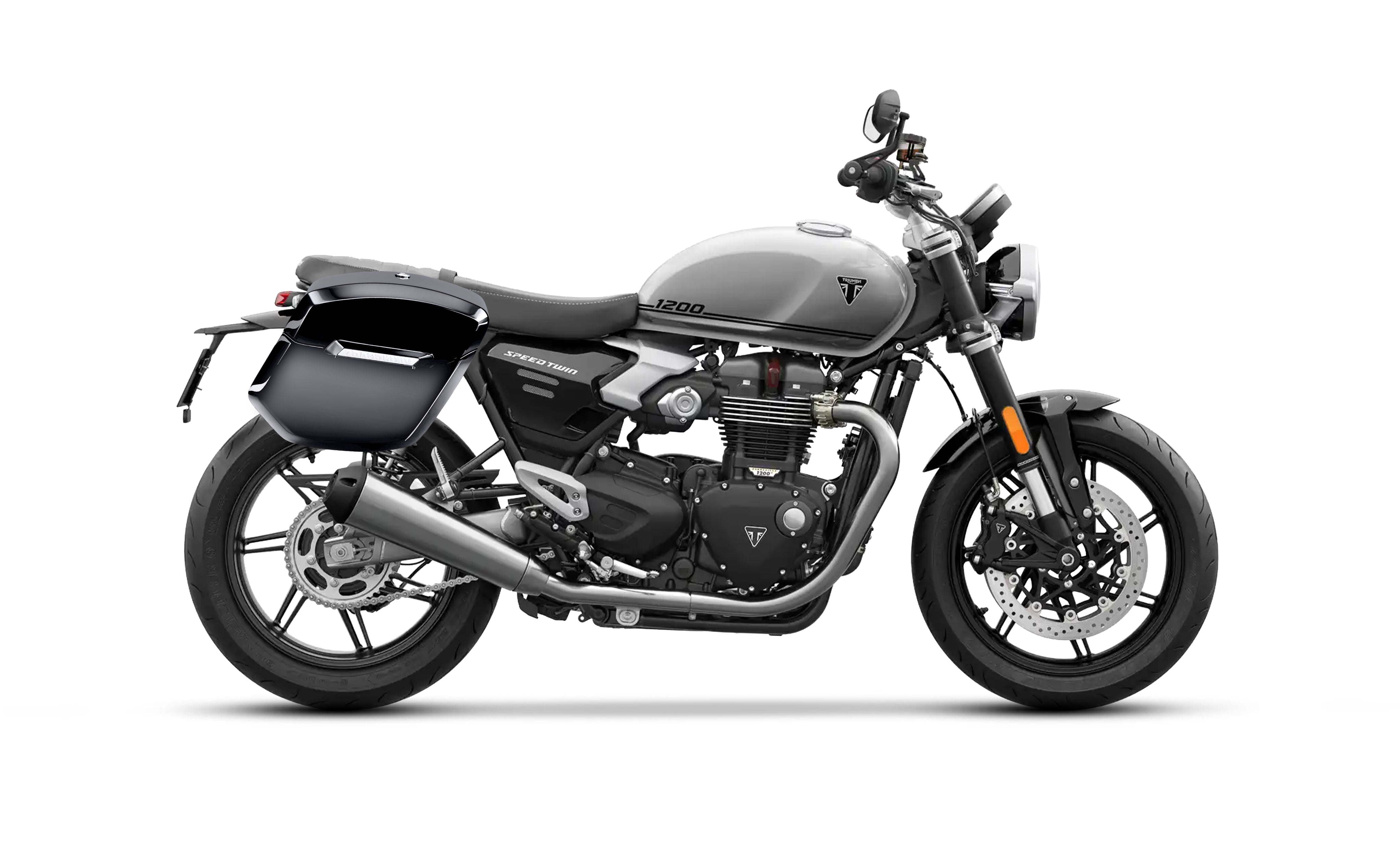 24L - Ironclad Quick-Mount Medium Triumph Speed Twin 1200 Painted Hard Saddlebags Bag on Bike @expand