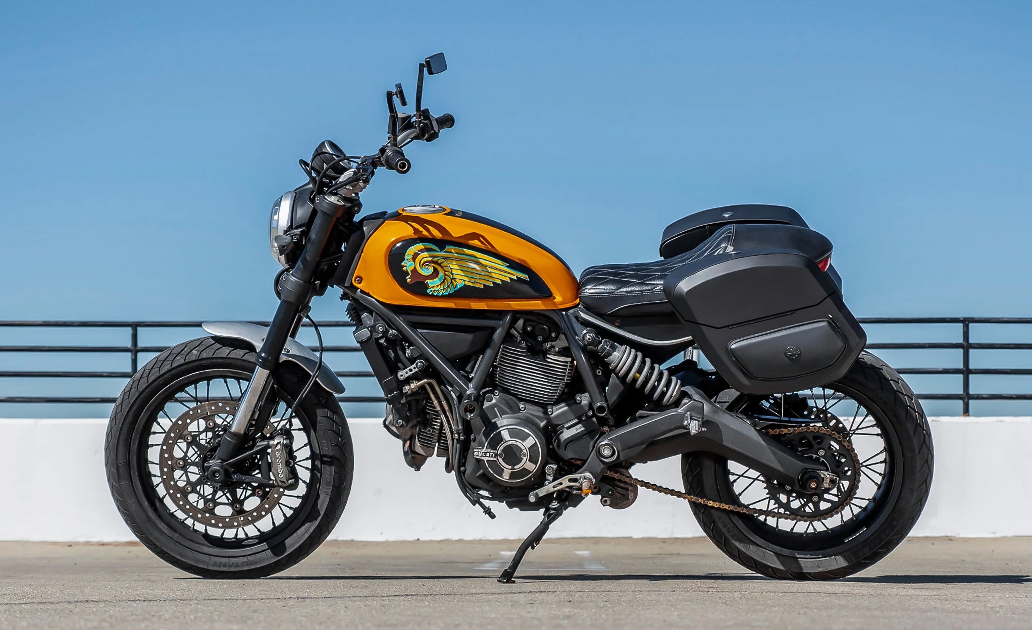 24L - Ironclad Quick-Mount Medium Ducati Scrambler (2014-17) Leather Wrapped Hard Saddlebags Life Style Photo @expand