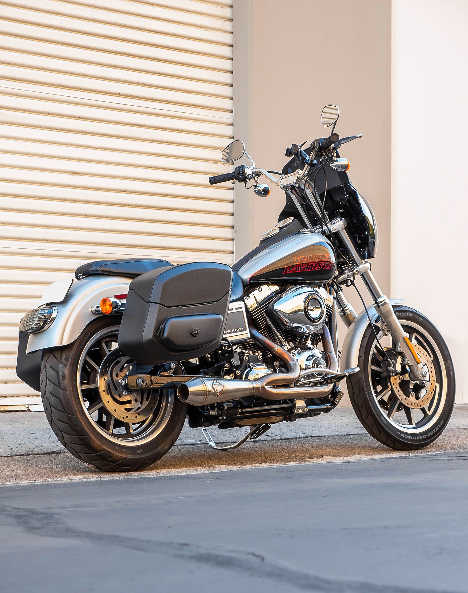 24L - Ironclad Quick-Mount Medium Harley Dyna Low Rider FXDL Leather Wrapped Hard Saddlebags Life Style 1