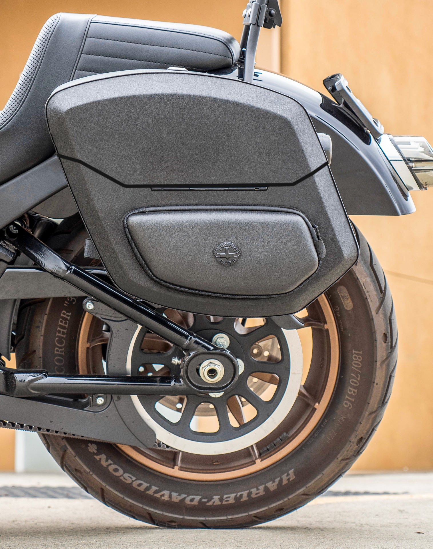 24L - Ironclad Quick-Mount Medium Harley Softail Low Rider S FXLRS Leather Wrapped Hard Saddlebags Life Style 2