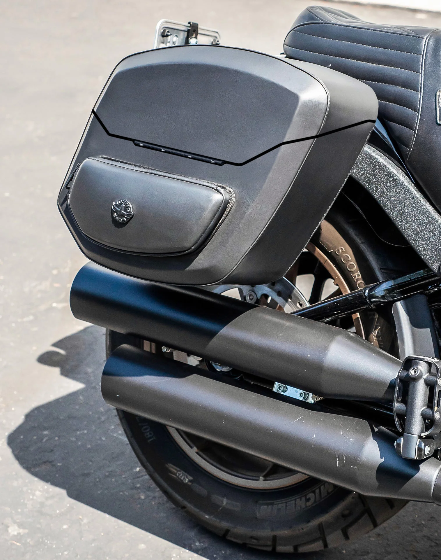 24L - Ironclad Quick-Mount Medium Harley Softail Low Rider ST Leather Wrapped Hard Saddlebags Life Style 2