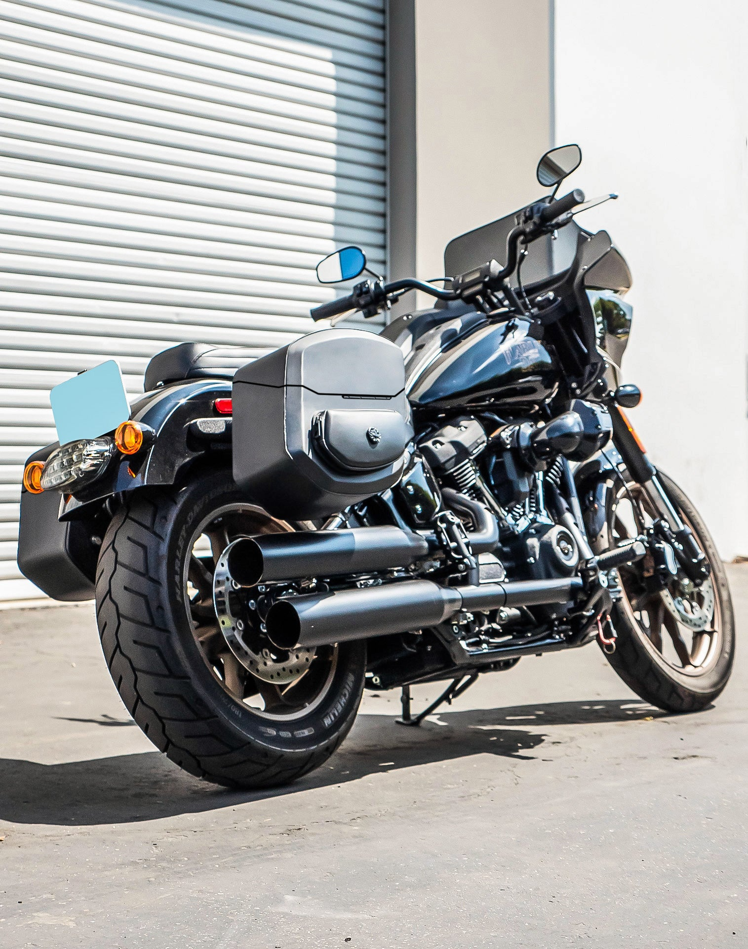 24L - Ironclad Quick-Mount Medium Harley Softail Low Rider ST Leather Wrapped Hard Saddlebags Life Style 1