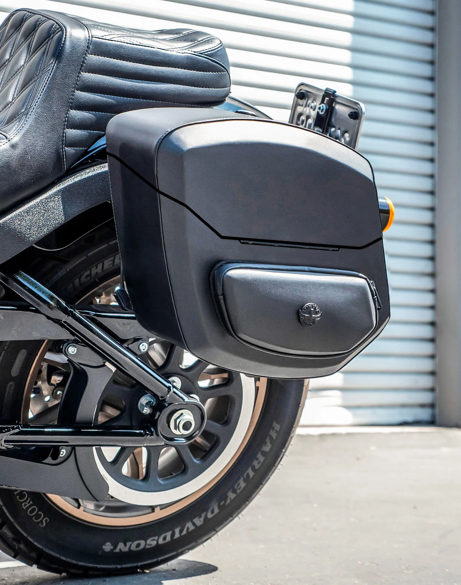 24L - Ironclad Quick-Mount Medium Harley Softail Low Rider ST Leather Wrapped Hard Saddlebags Life Style 3