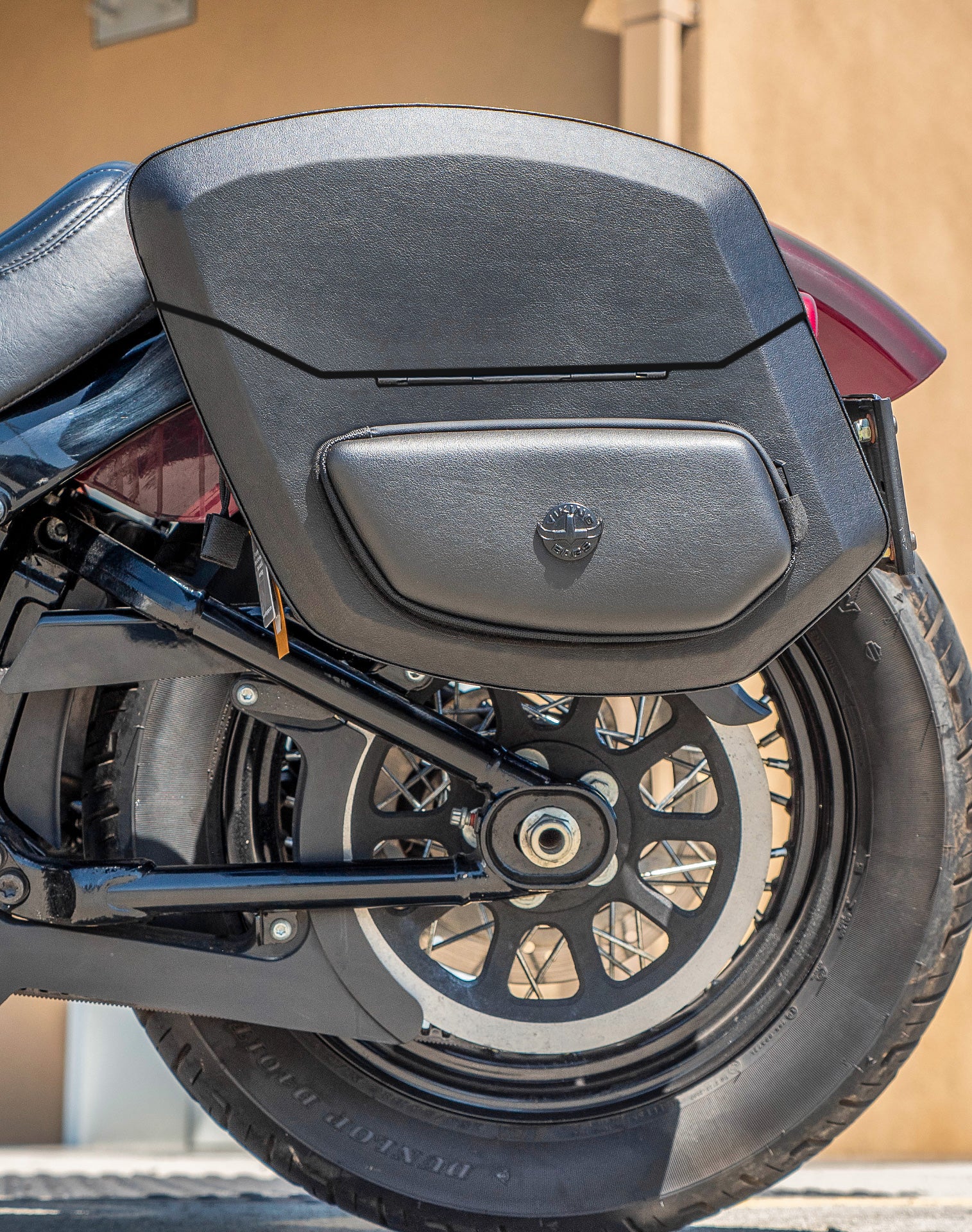 24L - Ironclad Quick-Mount Medium Harley Softail Slim FLSL Leather Wrapped Hard Saddlebags Life Style 2