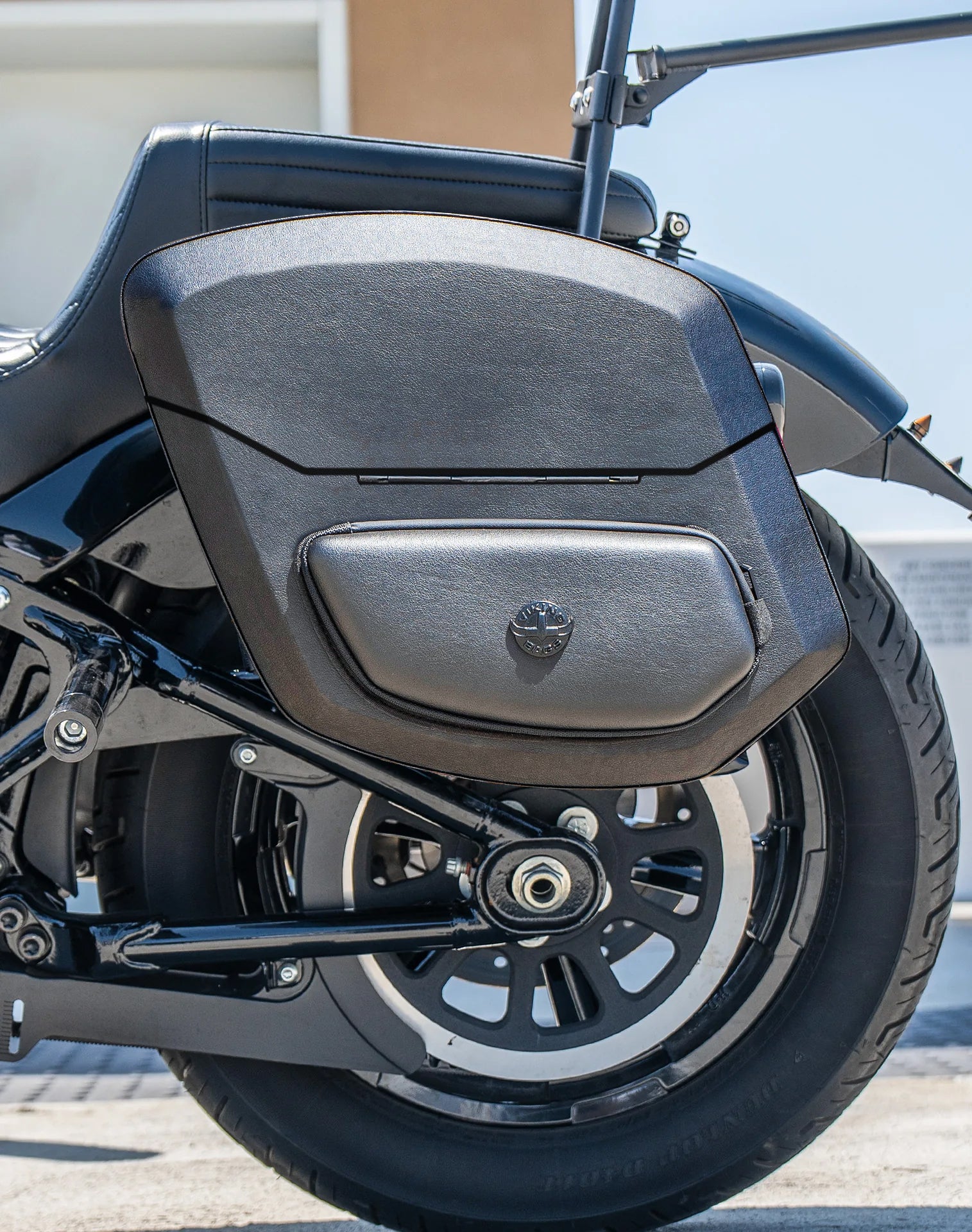 24L - Ironclad Quick-Mount Medium Harley Softail Street Bob Leather Wrapped Hard Saddlebags Life Style 2