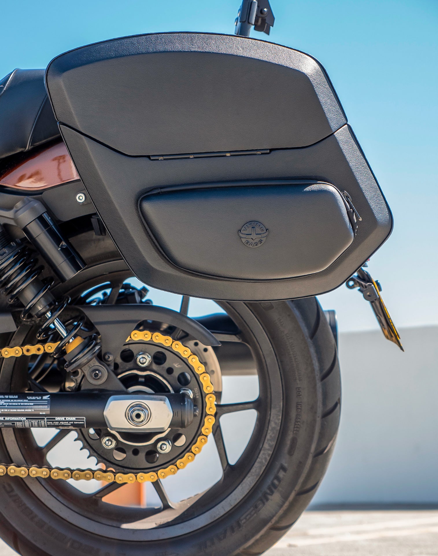 24L - Ironclad Quick-Mount Medium Honda Rebel 1100 Leather Wrapped Hard Saddlebags Life Style 1